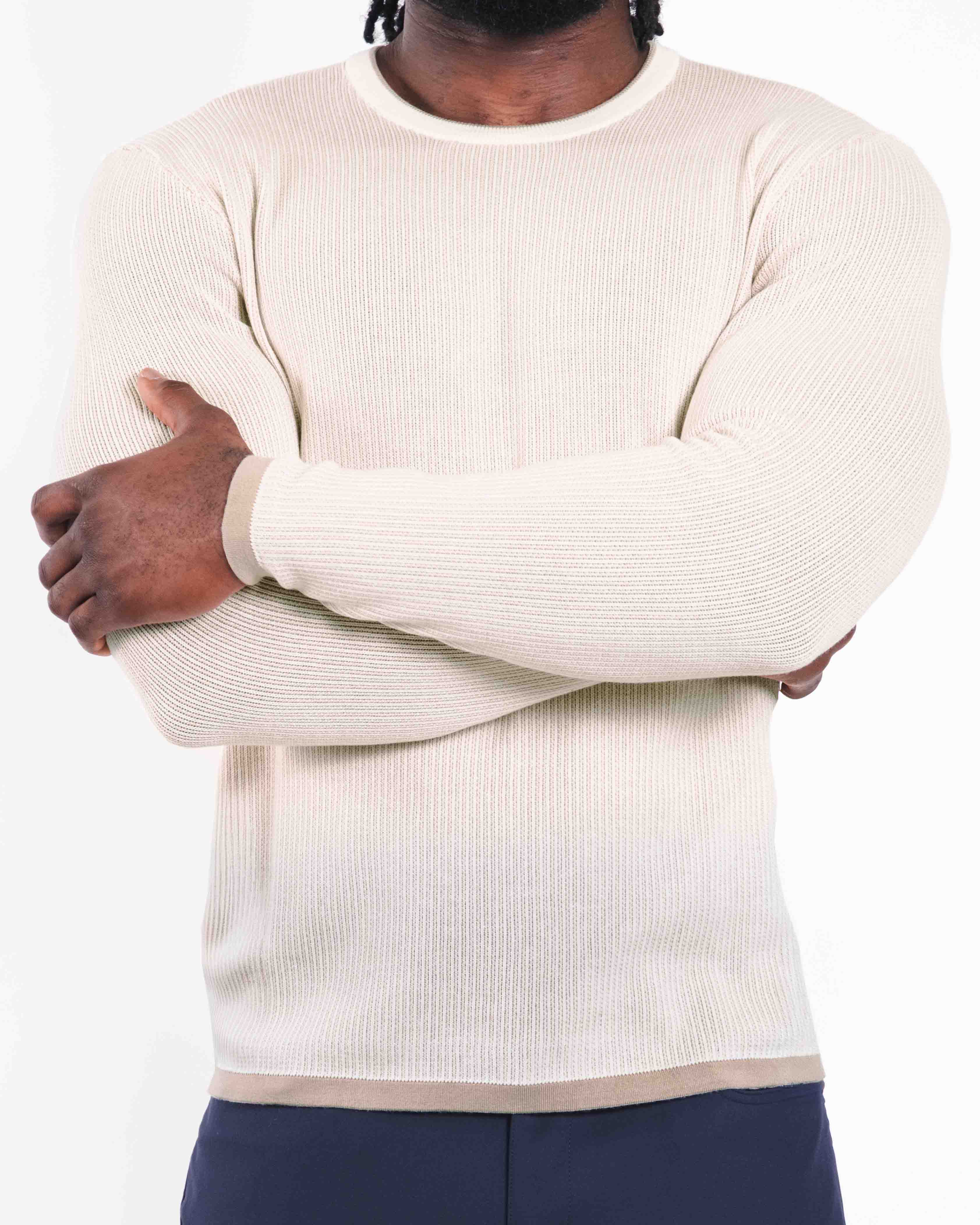 Lightweight Ribbed Knit Crewneck Sweater - Tan & Beige
