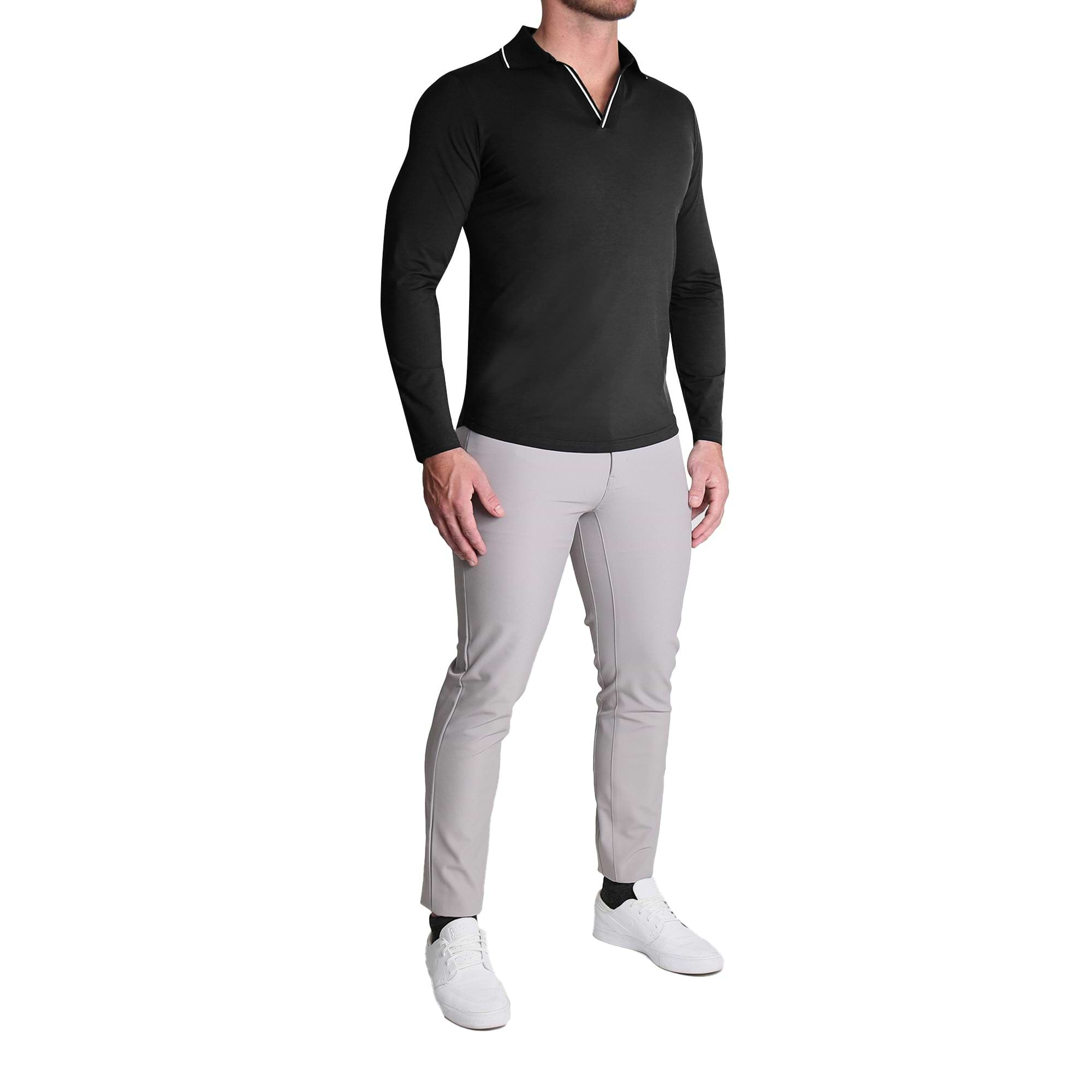 Tipped Long Sleeve Polo - Black with White