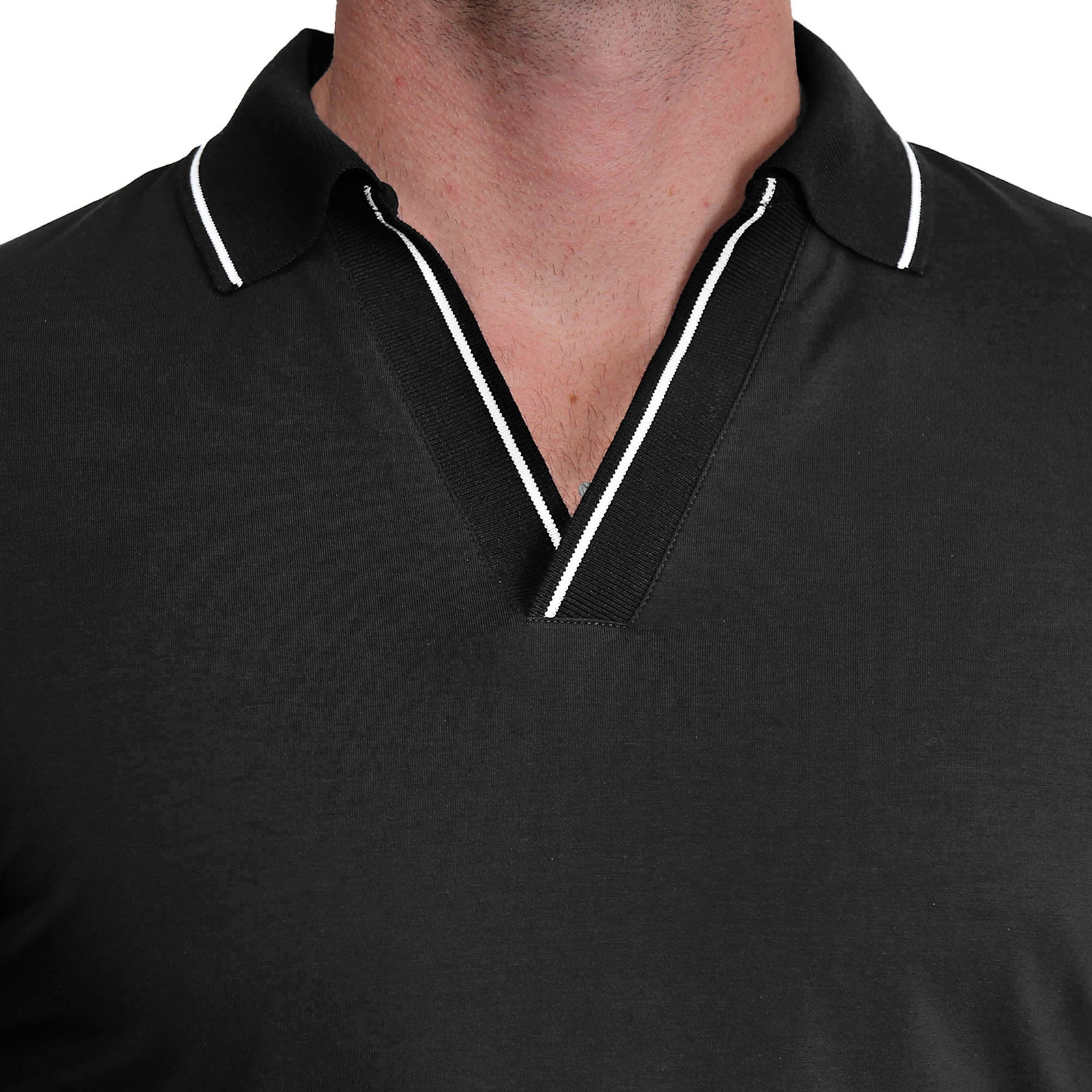 Tipped Long Sleeve Polo - Black with White