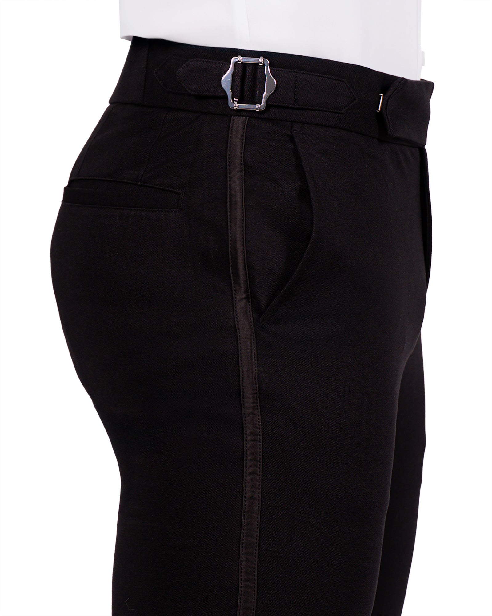 Black pants with a belt on a white background