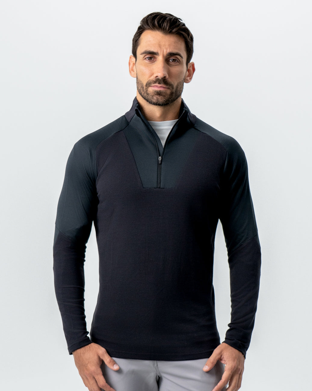 Waffle Knit Quarter Zip - Solid Black