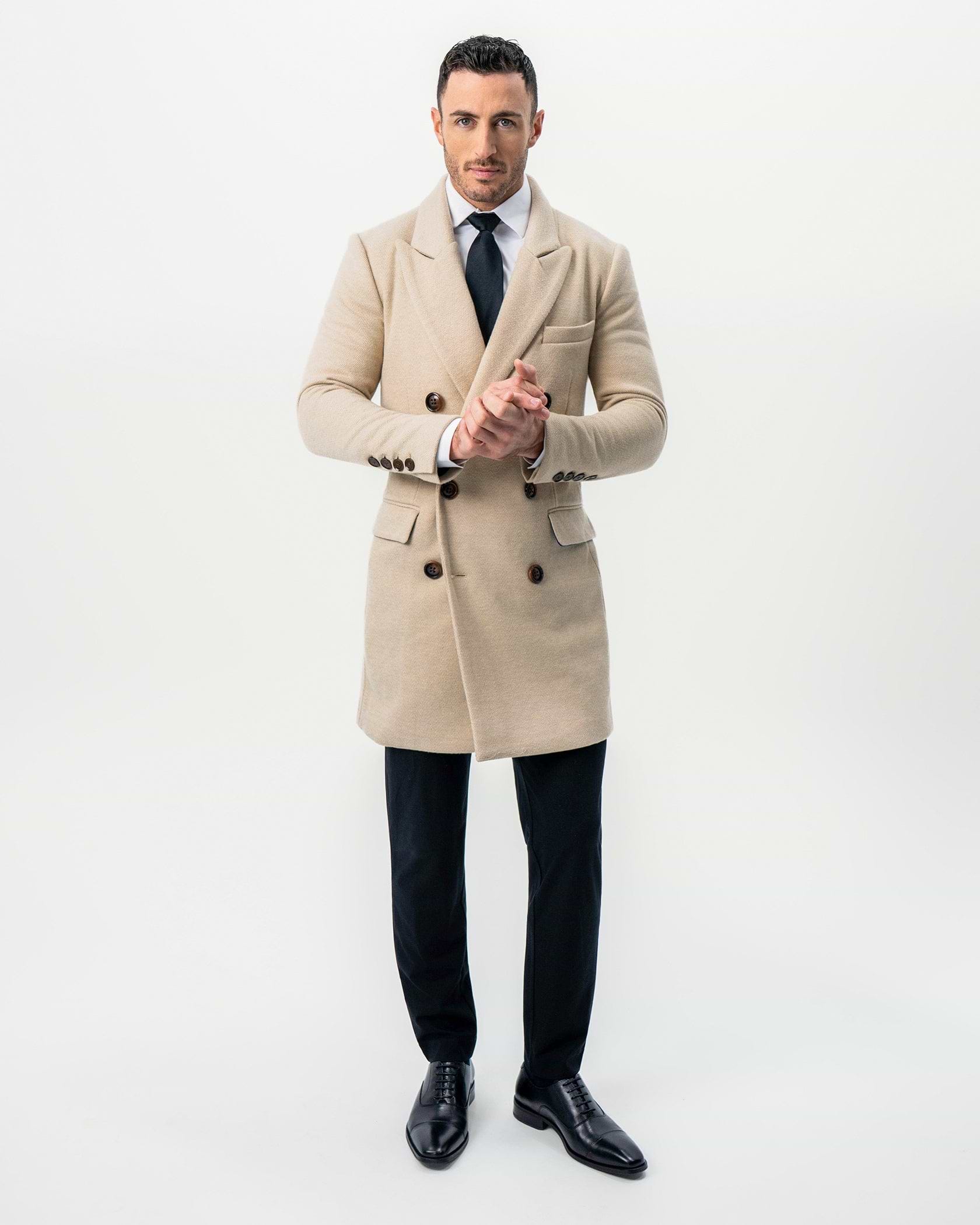 Double Breasted Overcoat - Tan Herringbone
