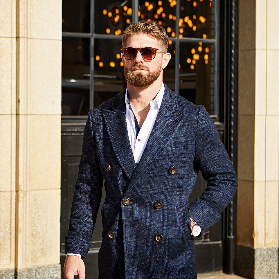 Navy Plaid Double-Breasted Overcoat