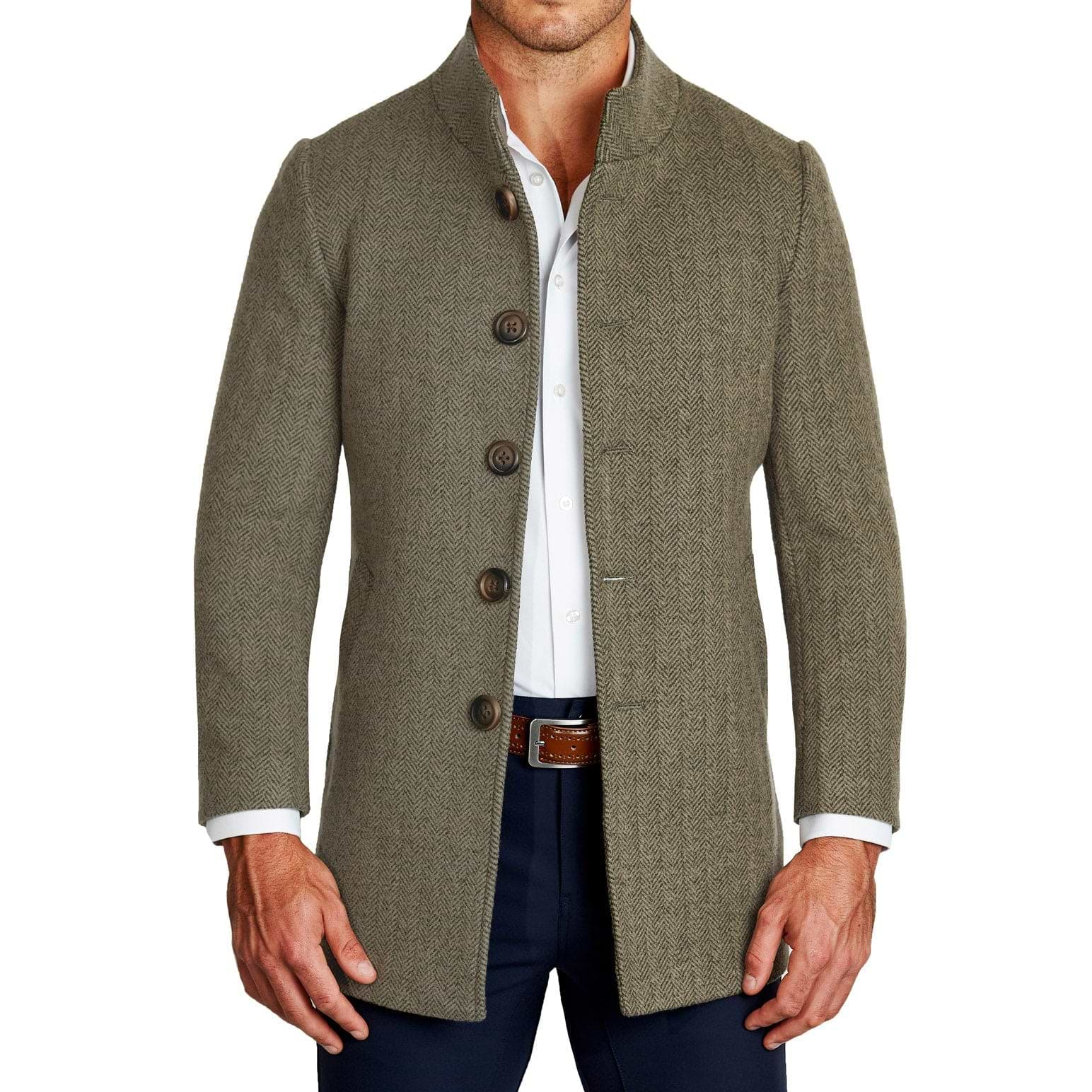 Olive Herringbone Open Button Overcoat