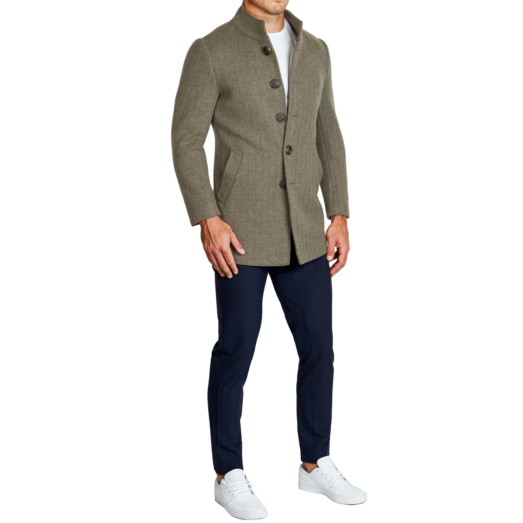 Olive Herringbone Open Button Overcoat