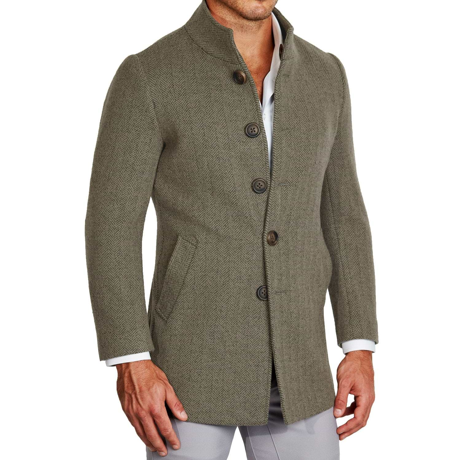 Olive Herringbone Open Button Overcoat