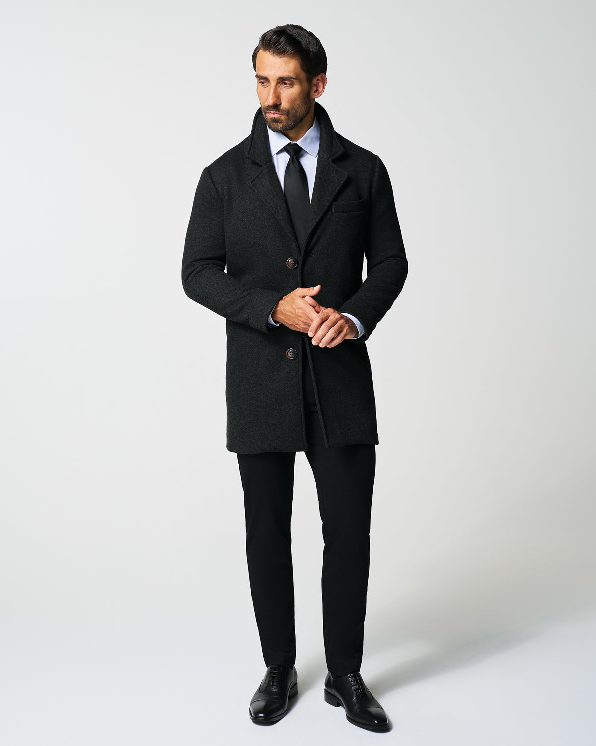 3 Button Overcoat - Charcoal Herringbone