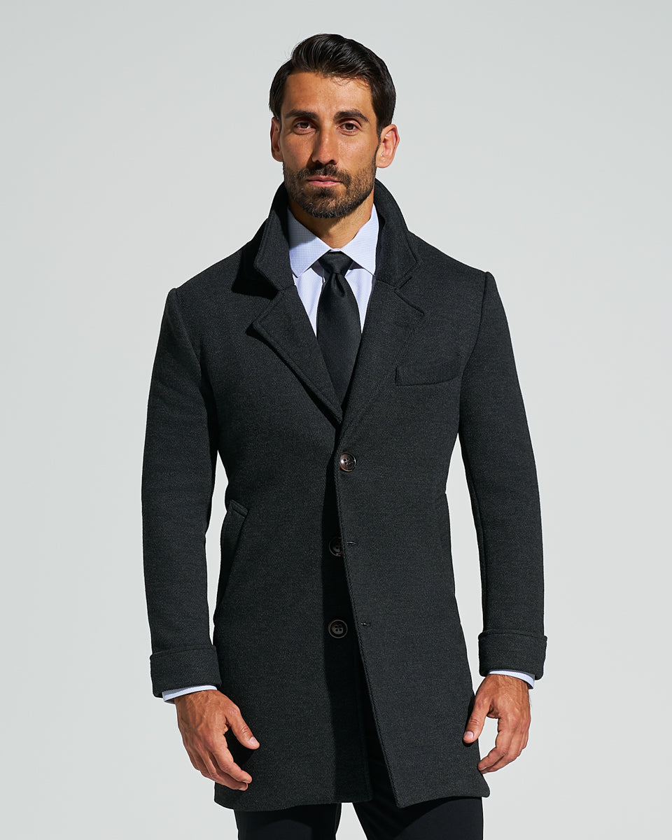 3 Button Overcoat - Charcoal Herringbone