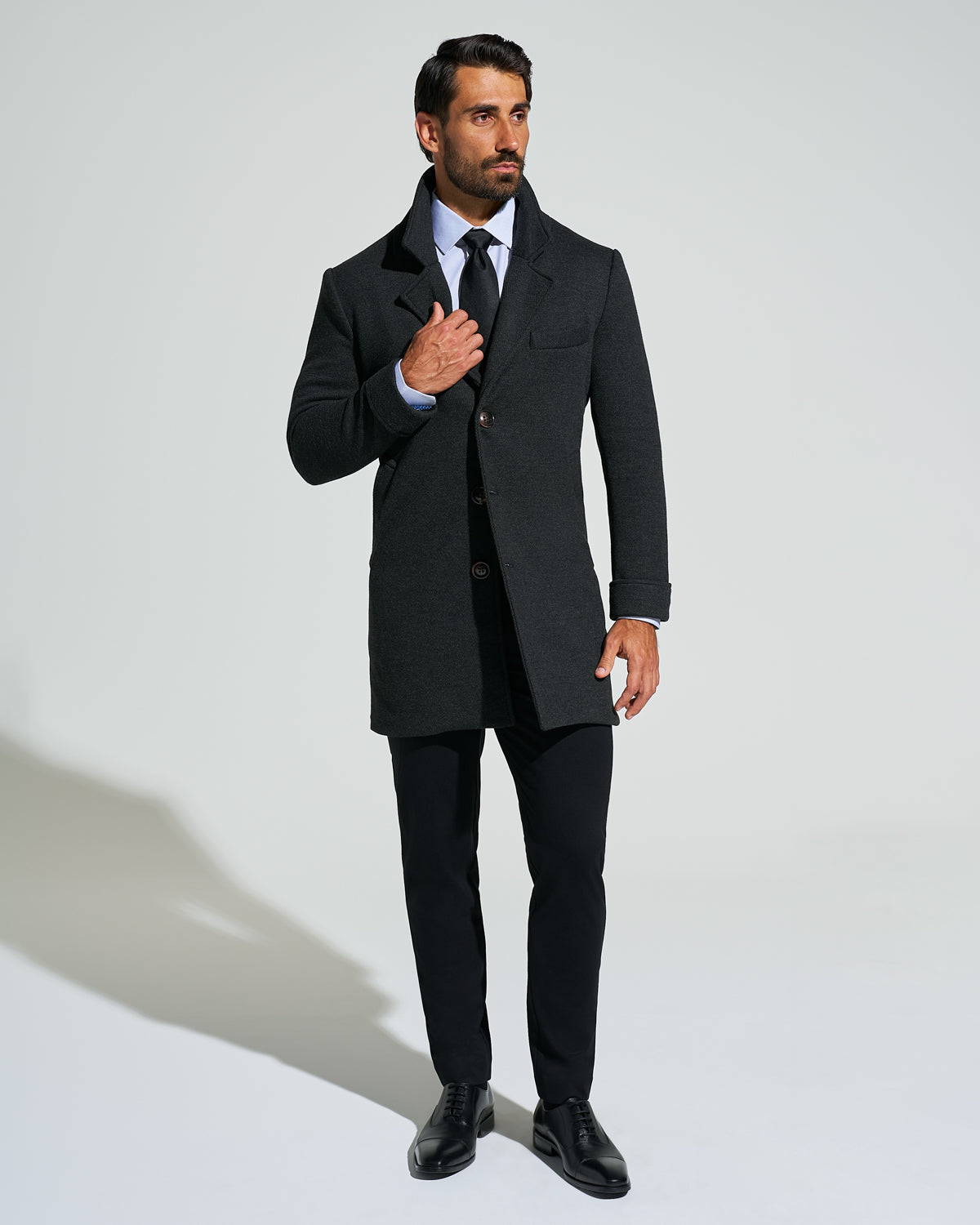 3 Button Overcoat - Charcoal Herringbone