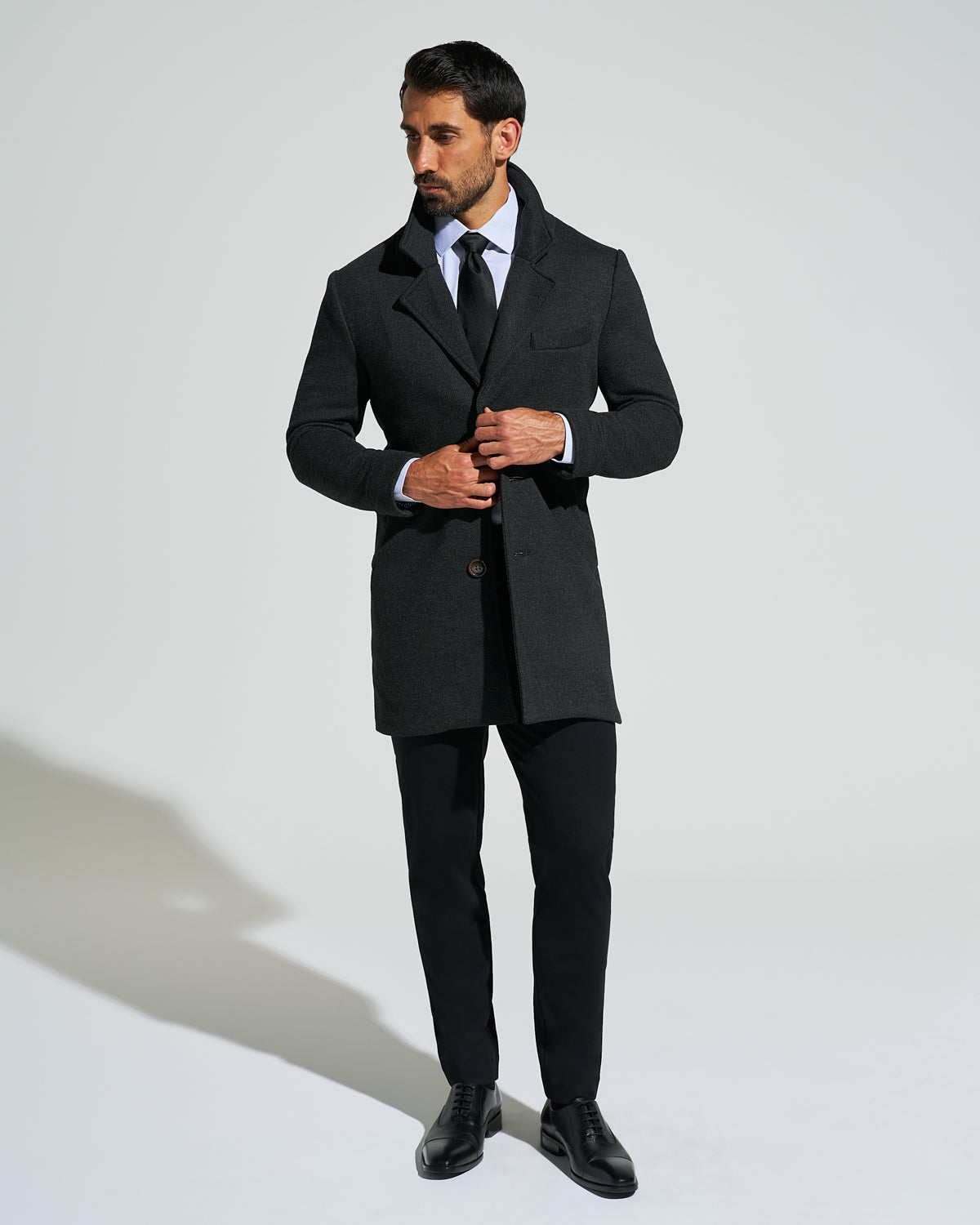3 Button Overcoat - Charcoal Herringbone
