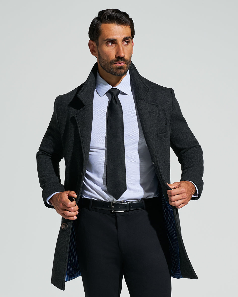 3 Button Overcoat - Charcoal Herringbone