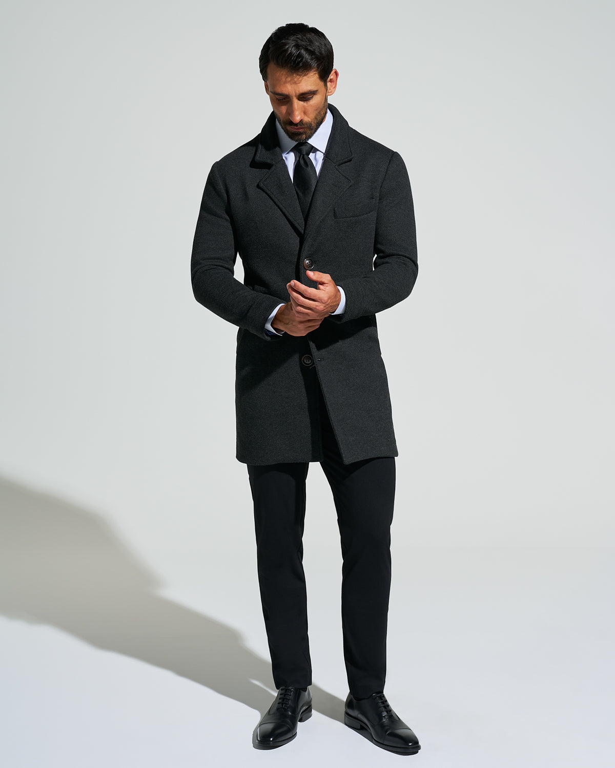 3 Button Overcoat - Charcoal Herringbone
