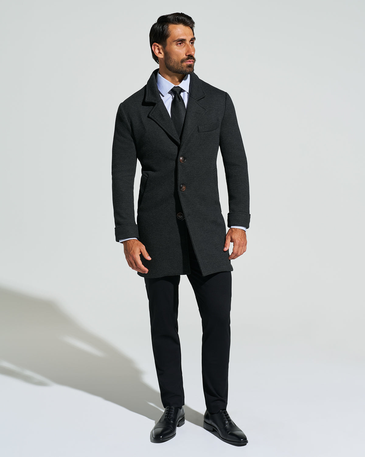 3 Button Overcoat - Charcoal Herringbone