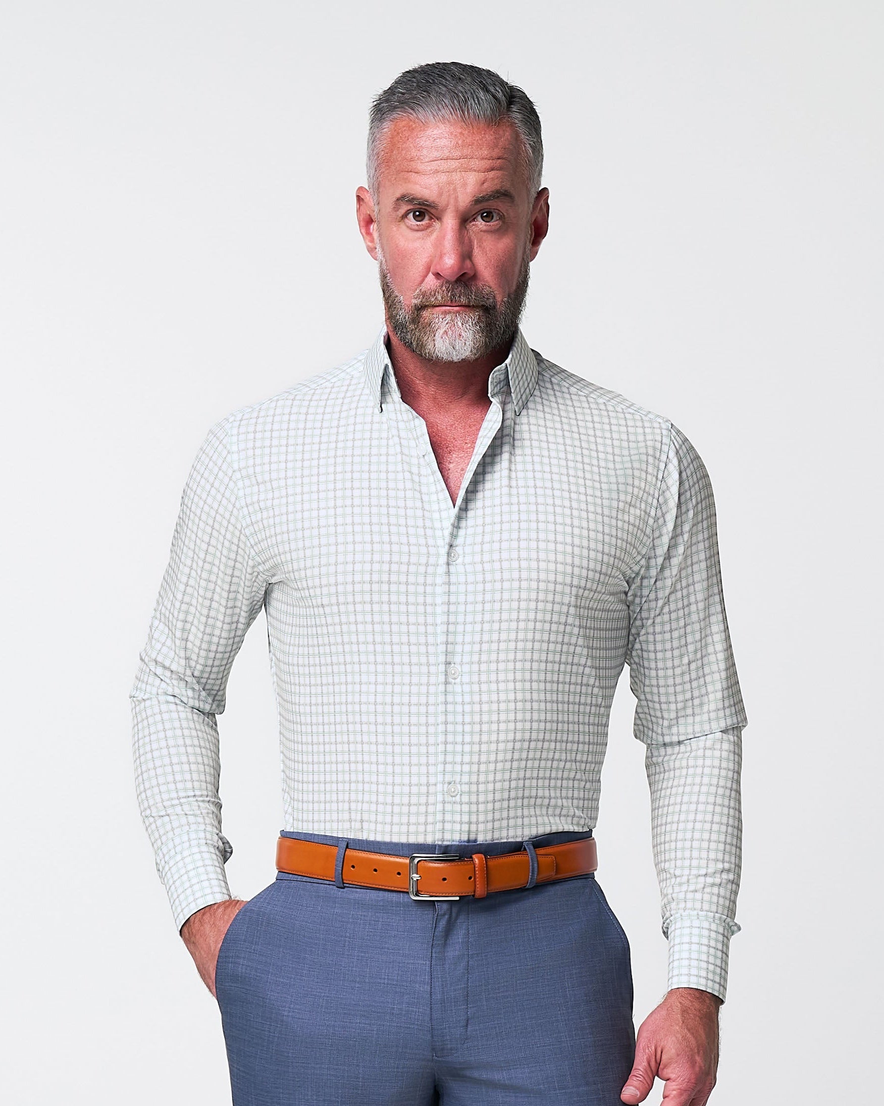 "The Amber" Grey & Light Green Mid Check