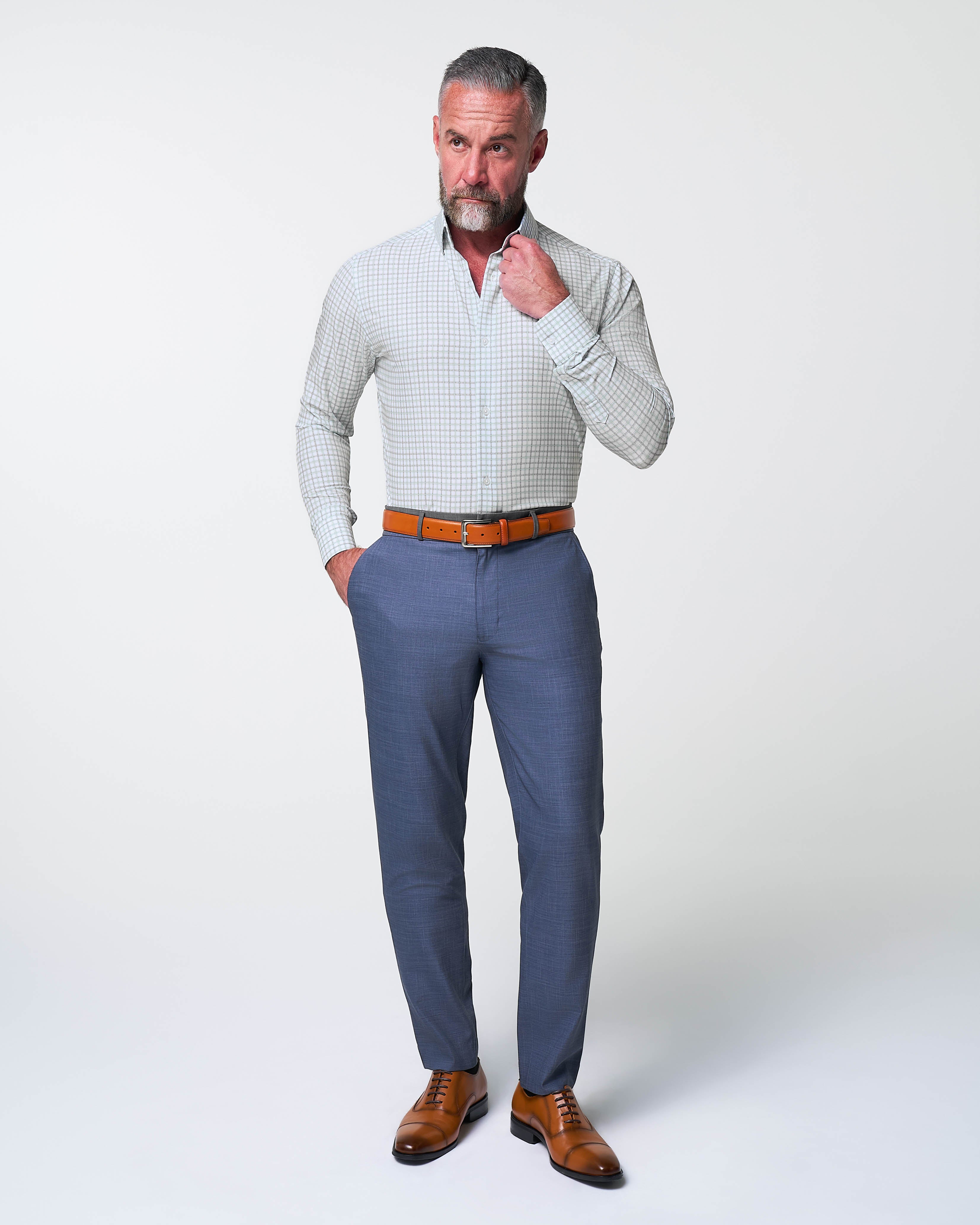 "The Amber" Grey & Light Green Mid Check