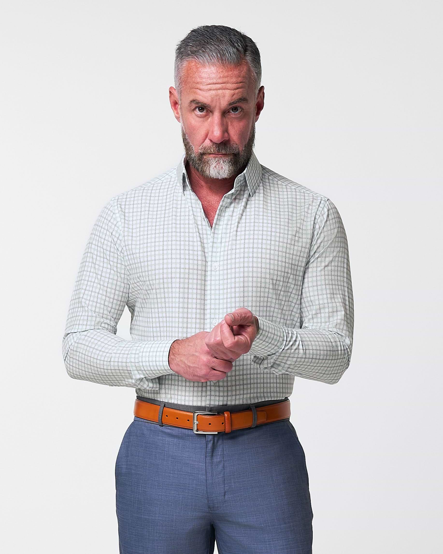 "The Amber" Grey & Light Green Mid Check