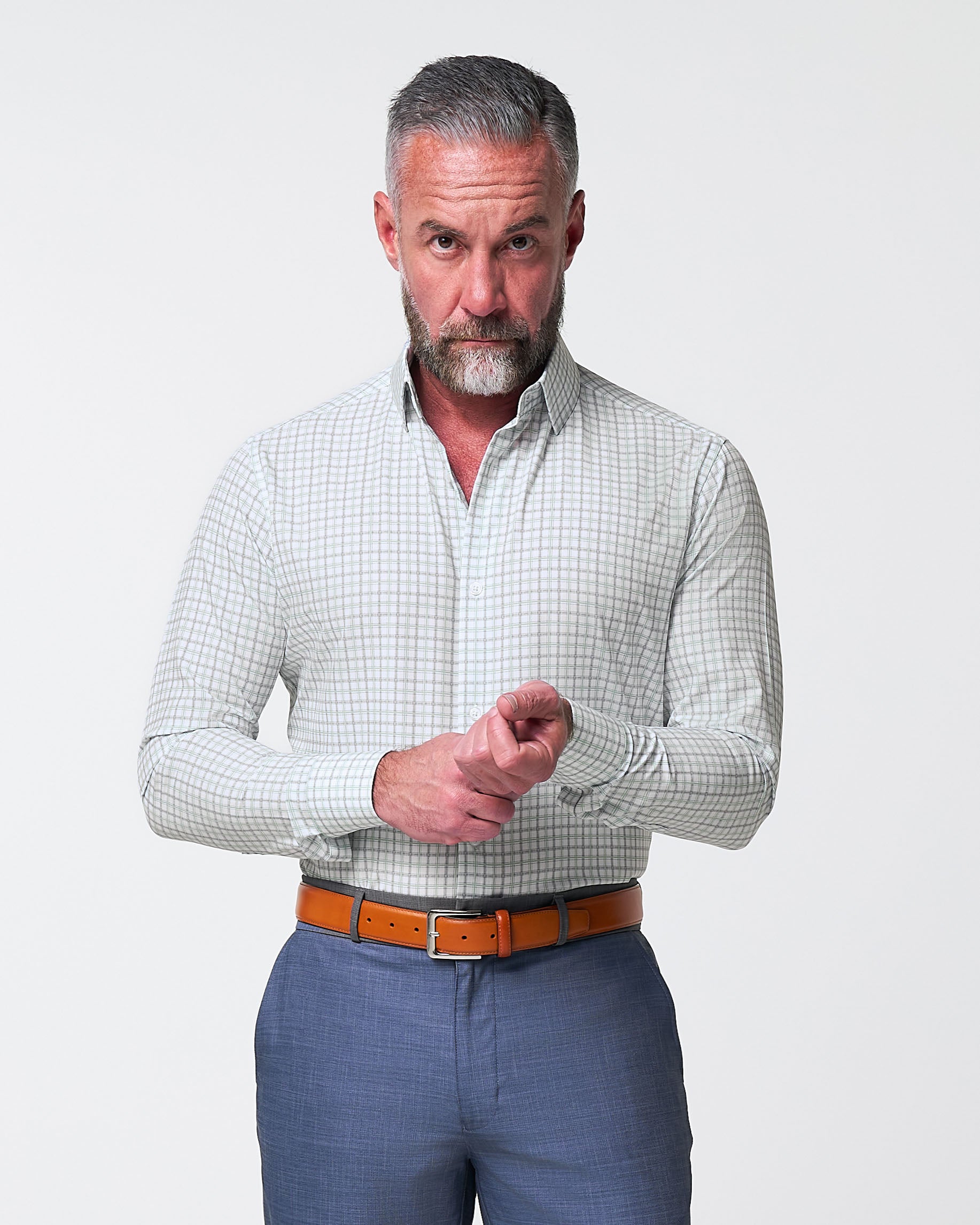 "The Amber" Grey & Light Green Mid Check