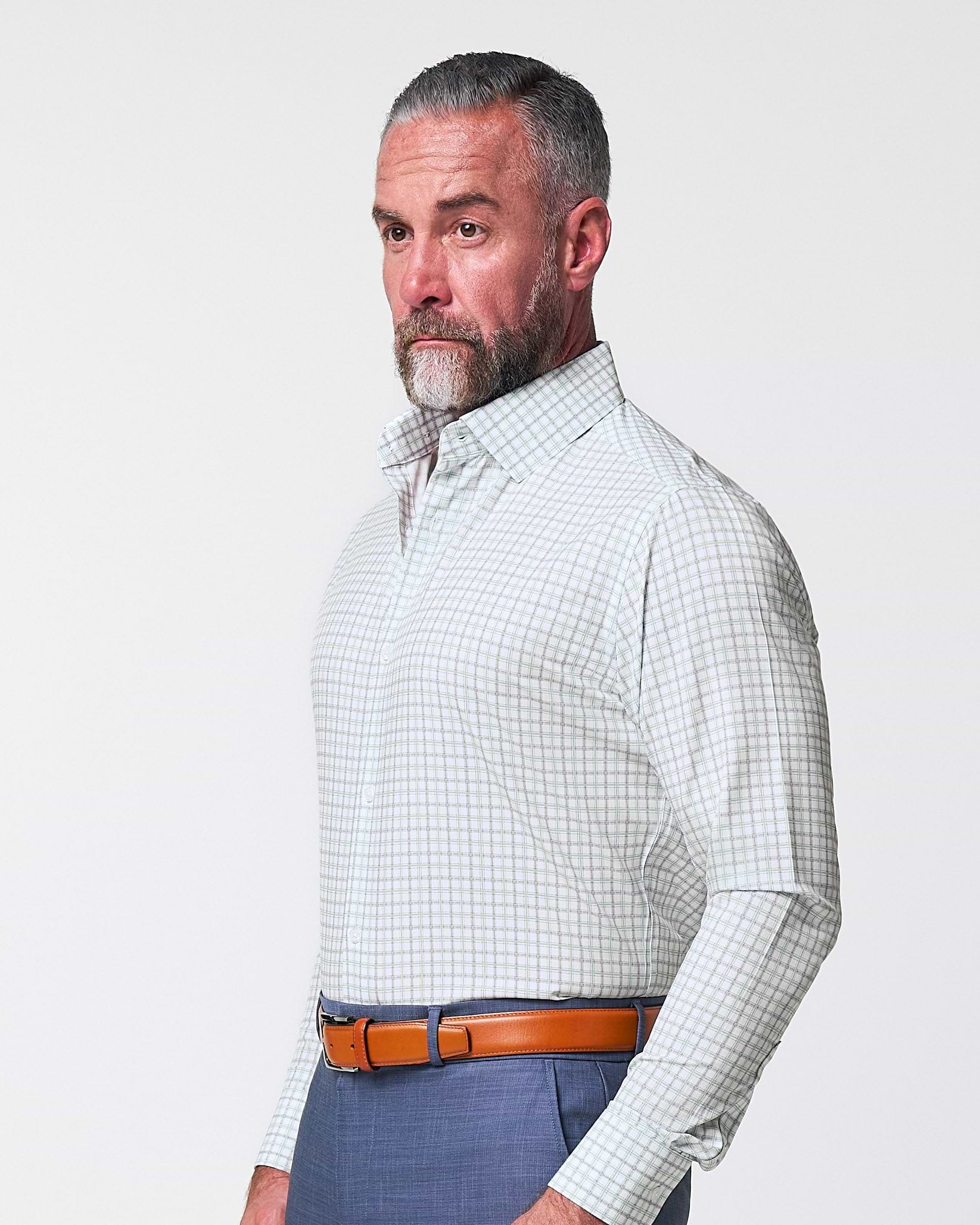 "The Amber" Grey & Light Green Mid Check