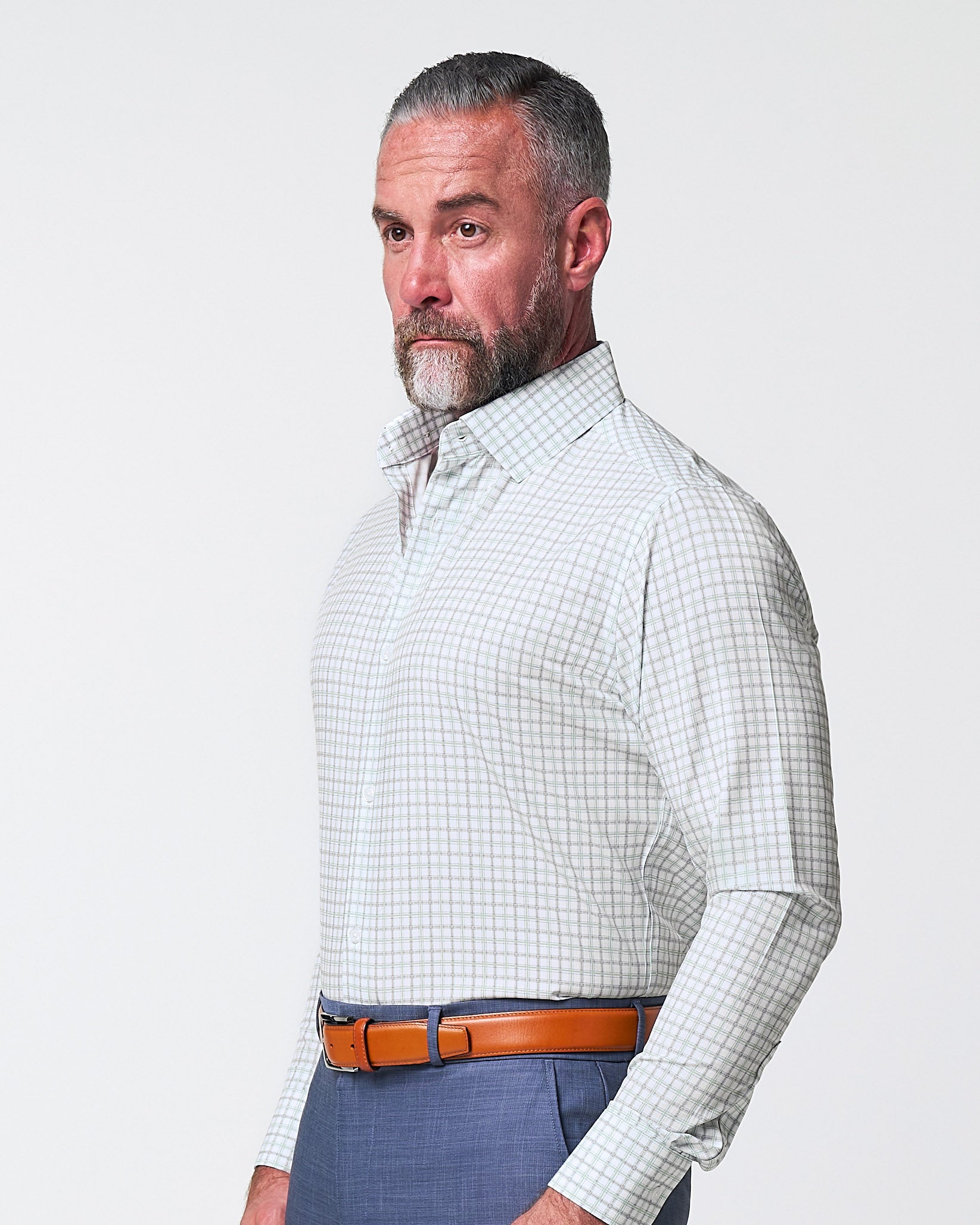 "The Amber" Grey & Light Green Mid Check