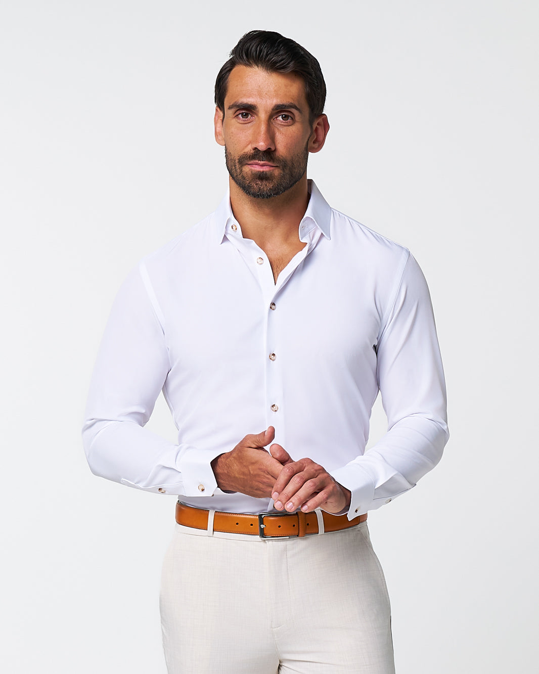 "The Leonardo" Solid White With Tortoise Shell Buttons - Classic Fit