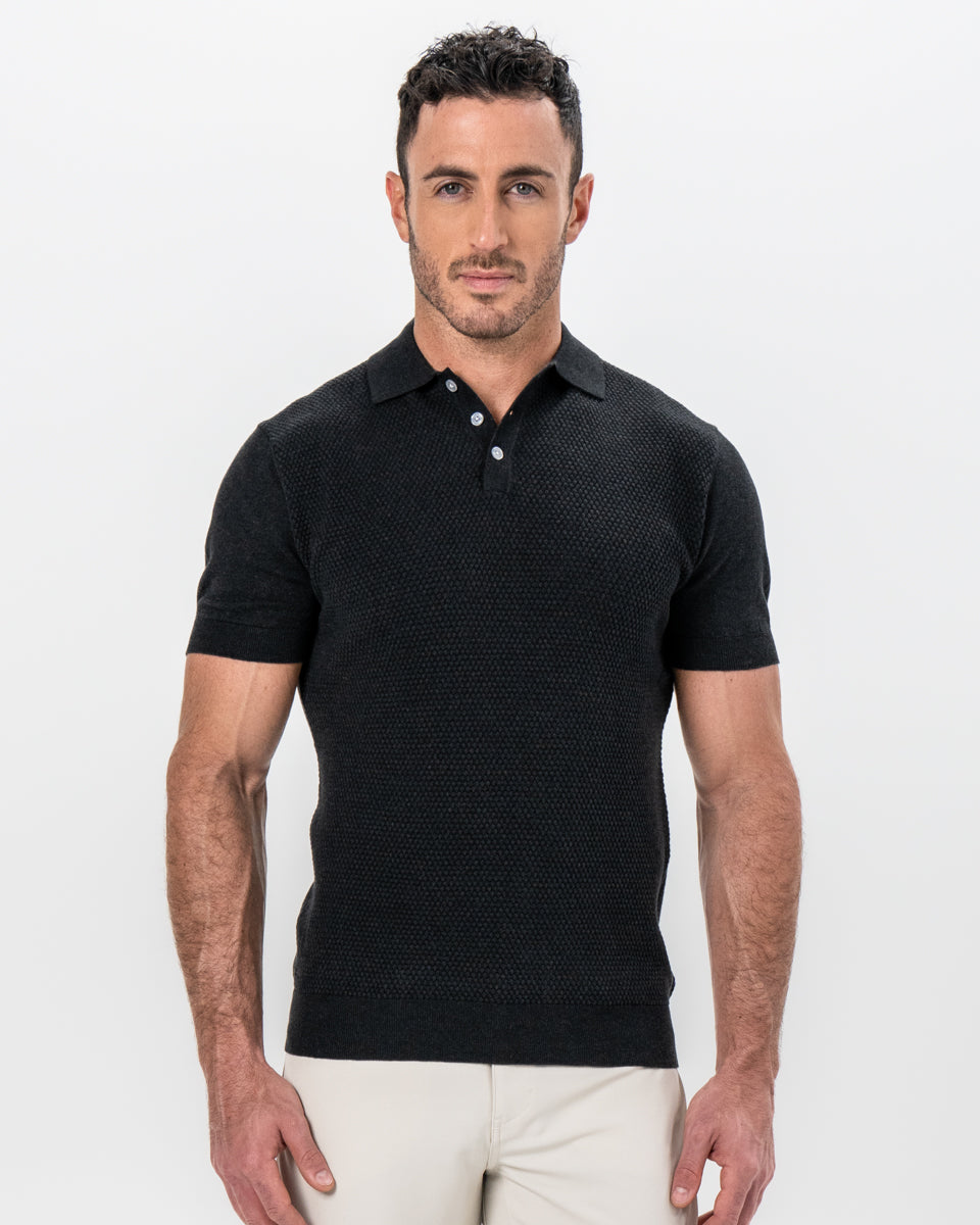 Textured Knit Cashmere Polo - Charcoal