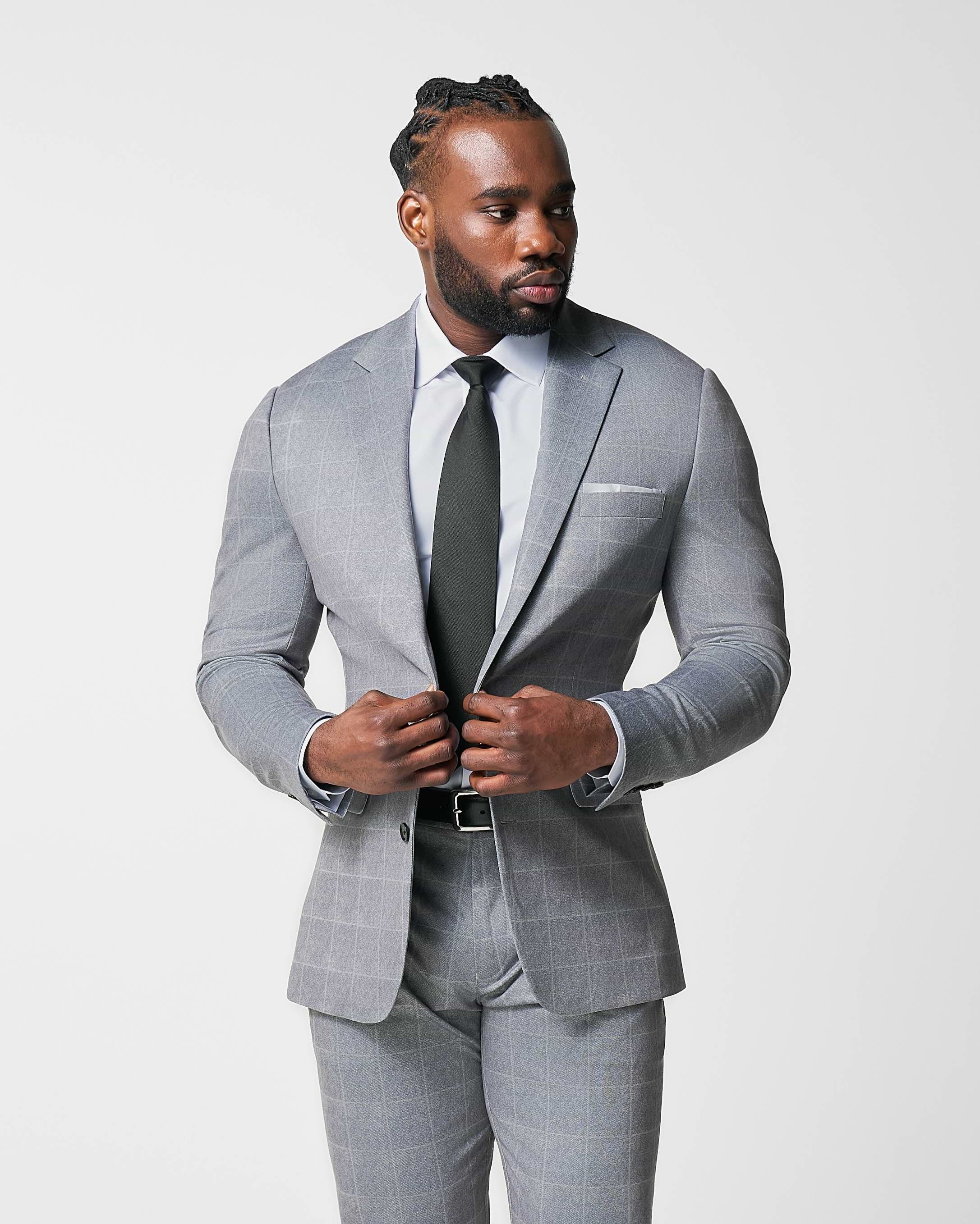 Athletic Fit Stretch Suit - Light Grey & White Windowpane
