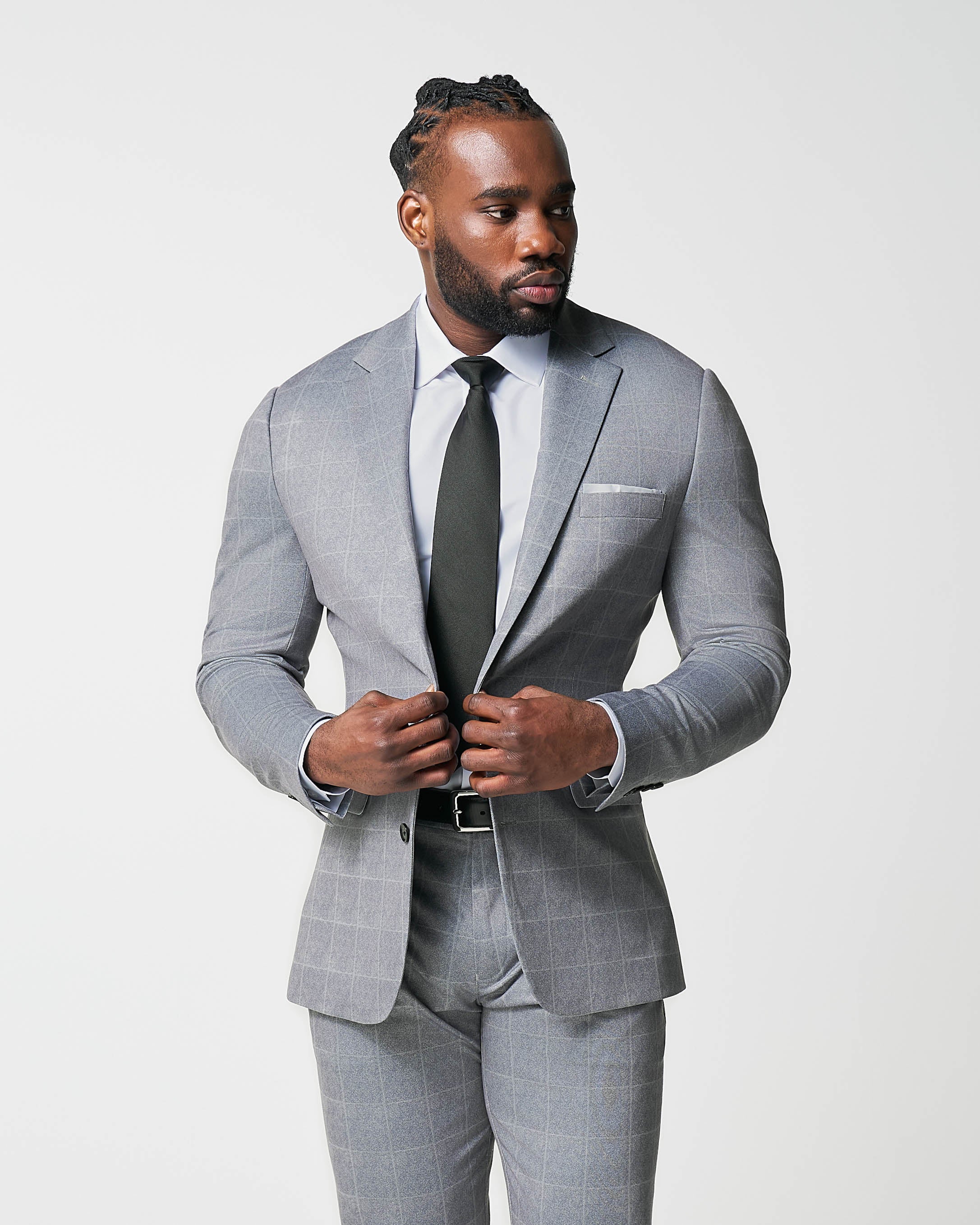 Athletic Fit Stretch Suit - Light Grey & White Windowpane