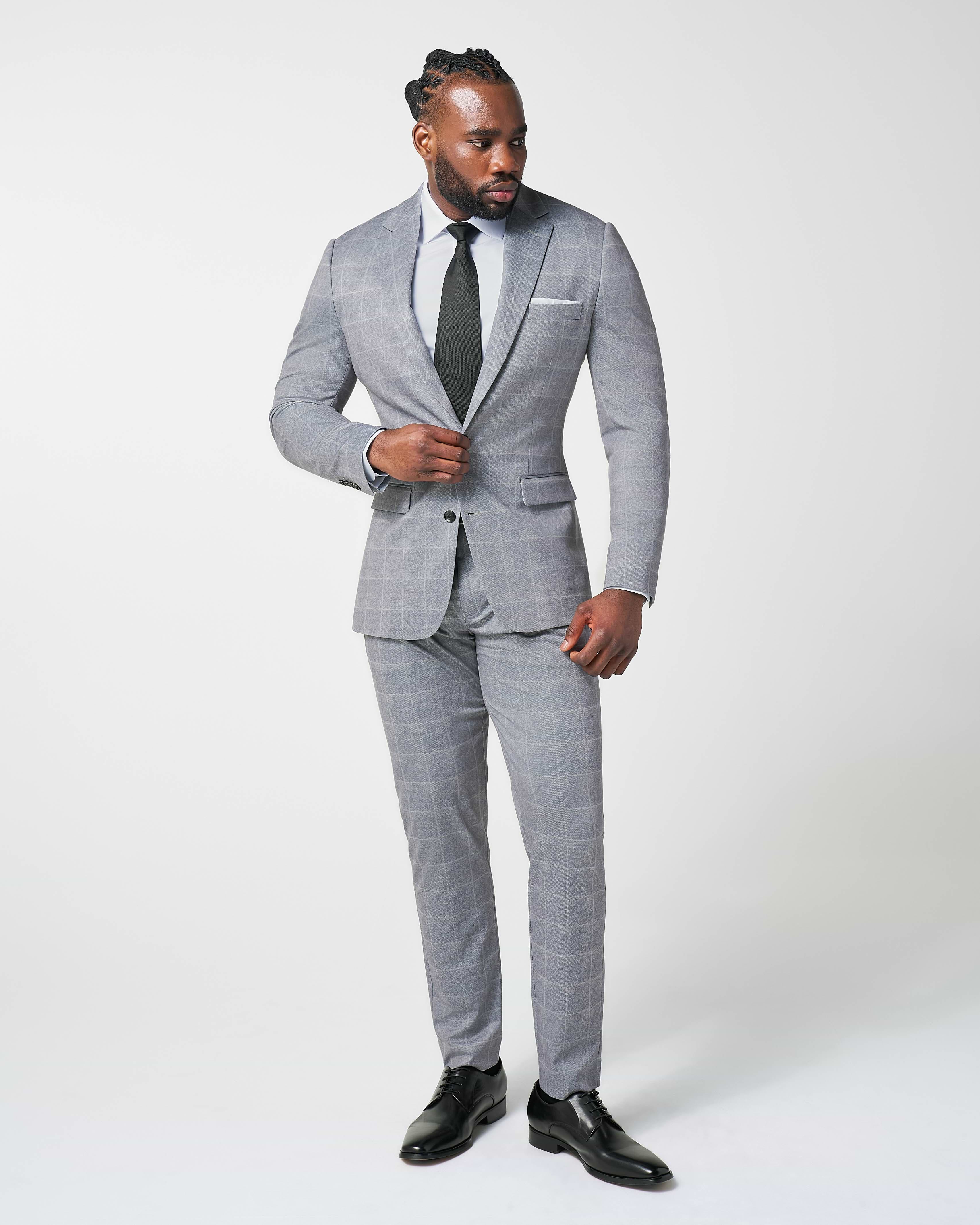 Athletic Fit Stretch Suit - Light Grey & White Windowpane