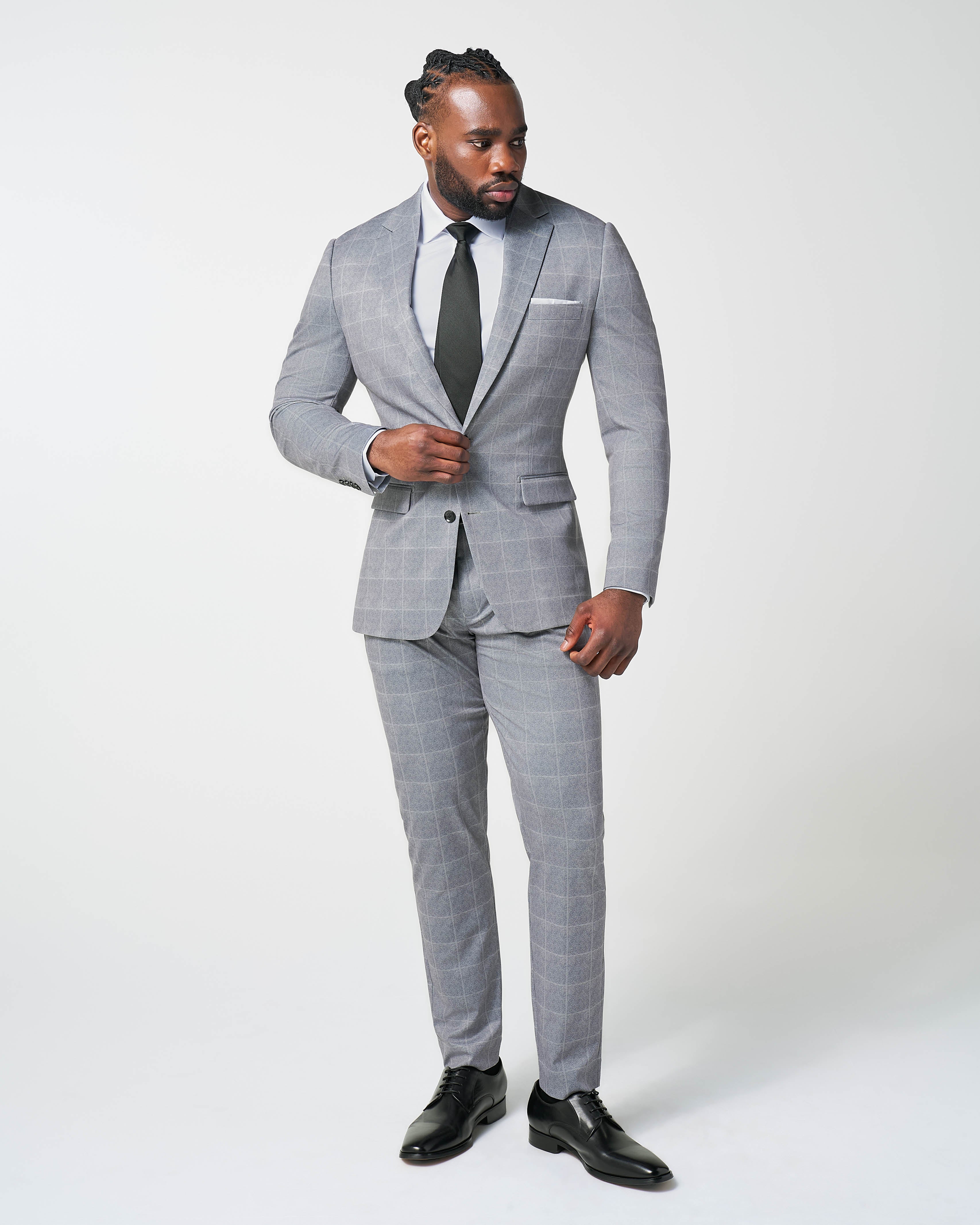 Athletic Fit Stretch Suit - Light Grey & White Windowpane