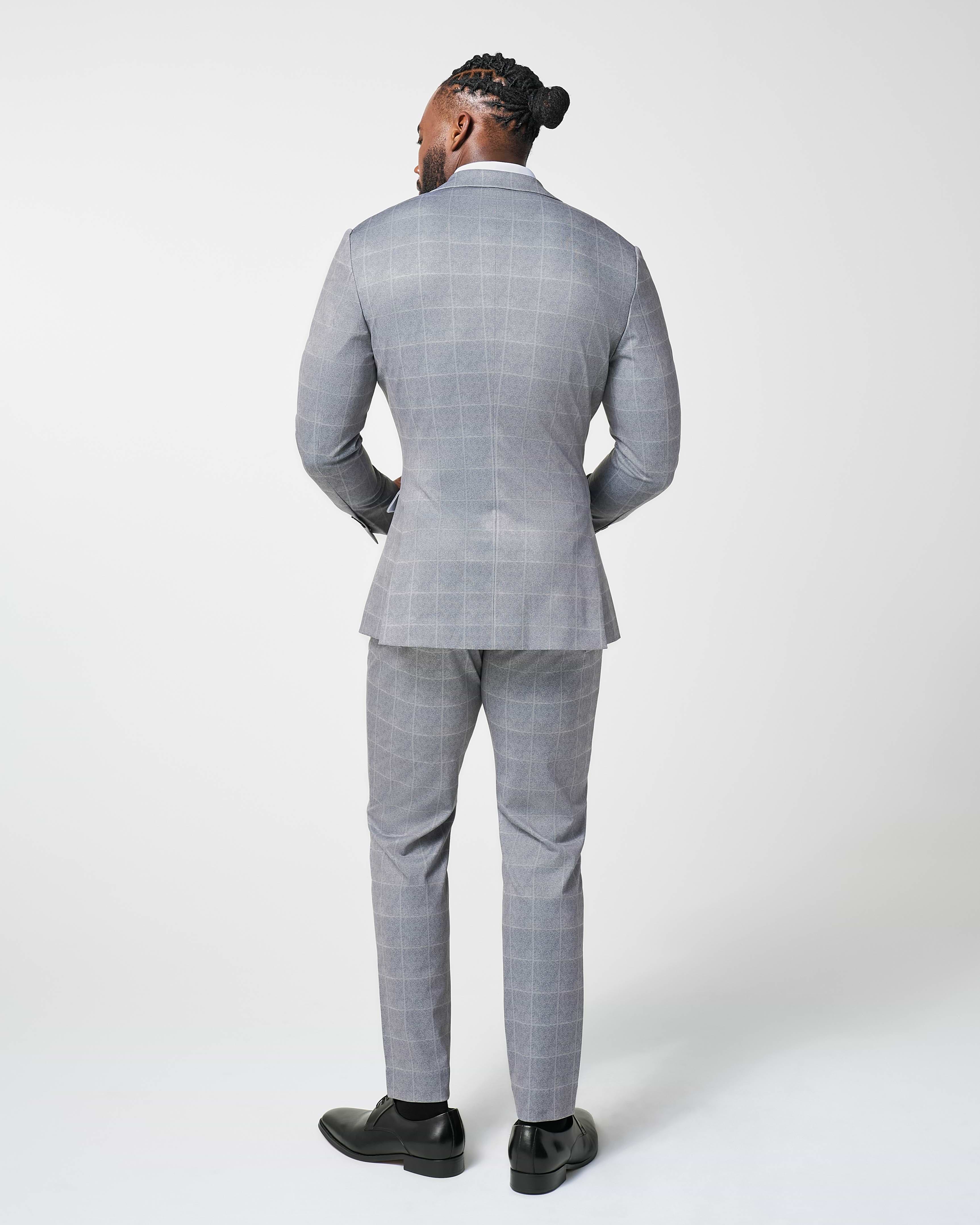 Athletic Fit Stretch Suit - Light Grey & White Windowpane