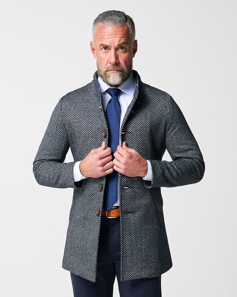 Open Button Overcoat - Navy & Grey Chevron