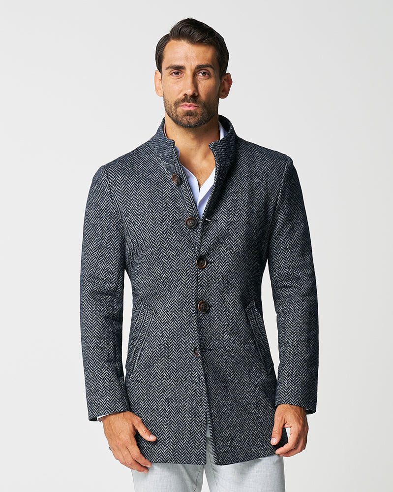 Open Button Overcoat - Navy & Grey Chevron