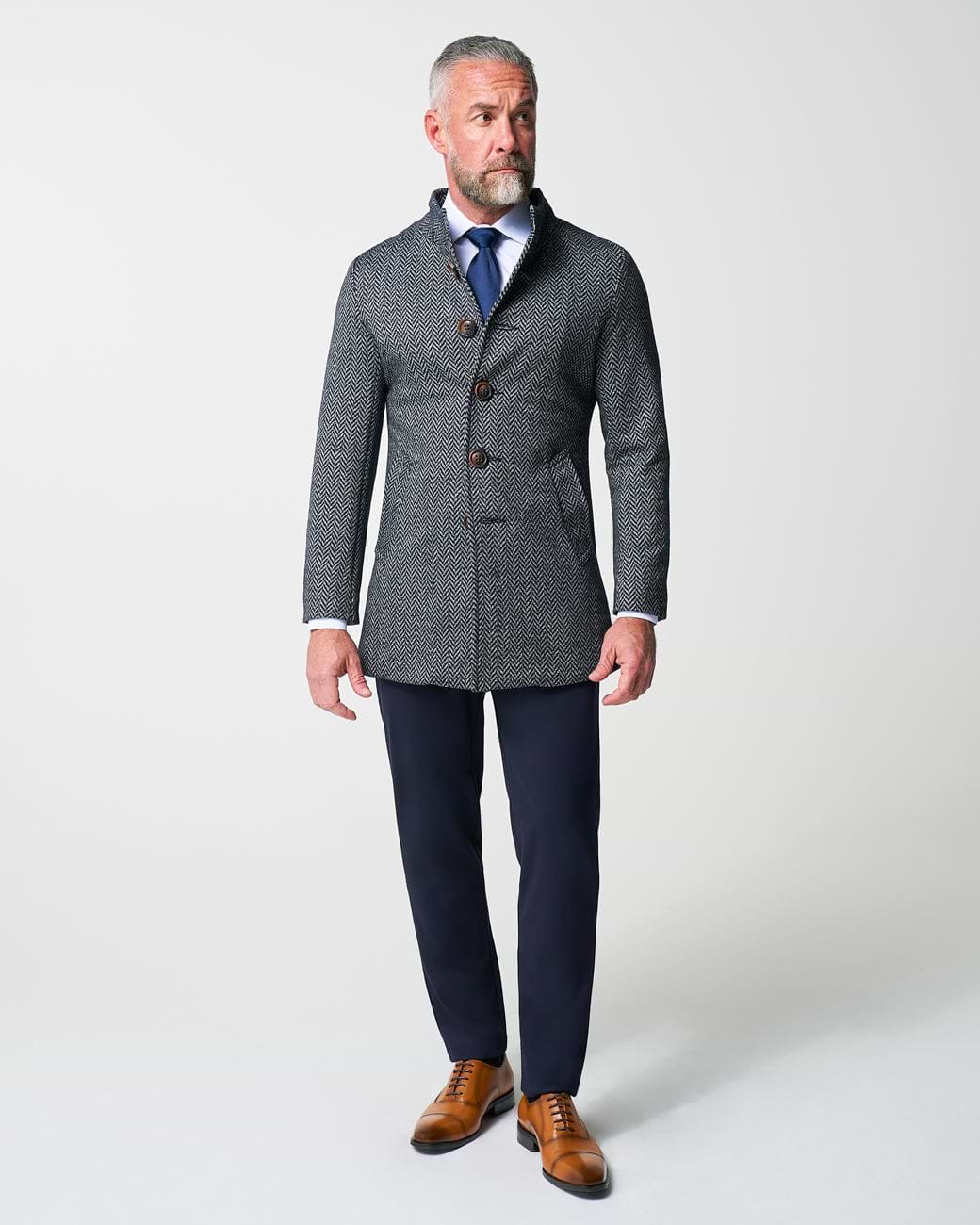 Open Button Overcoat - Navy & Grey Chevron