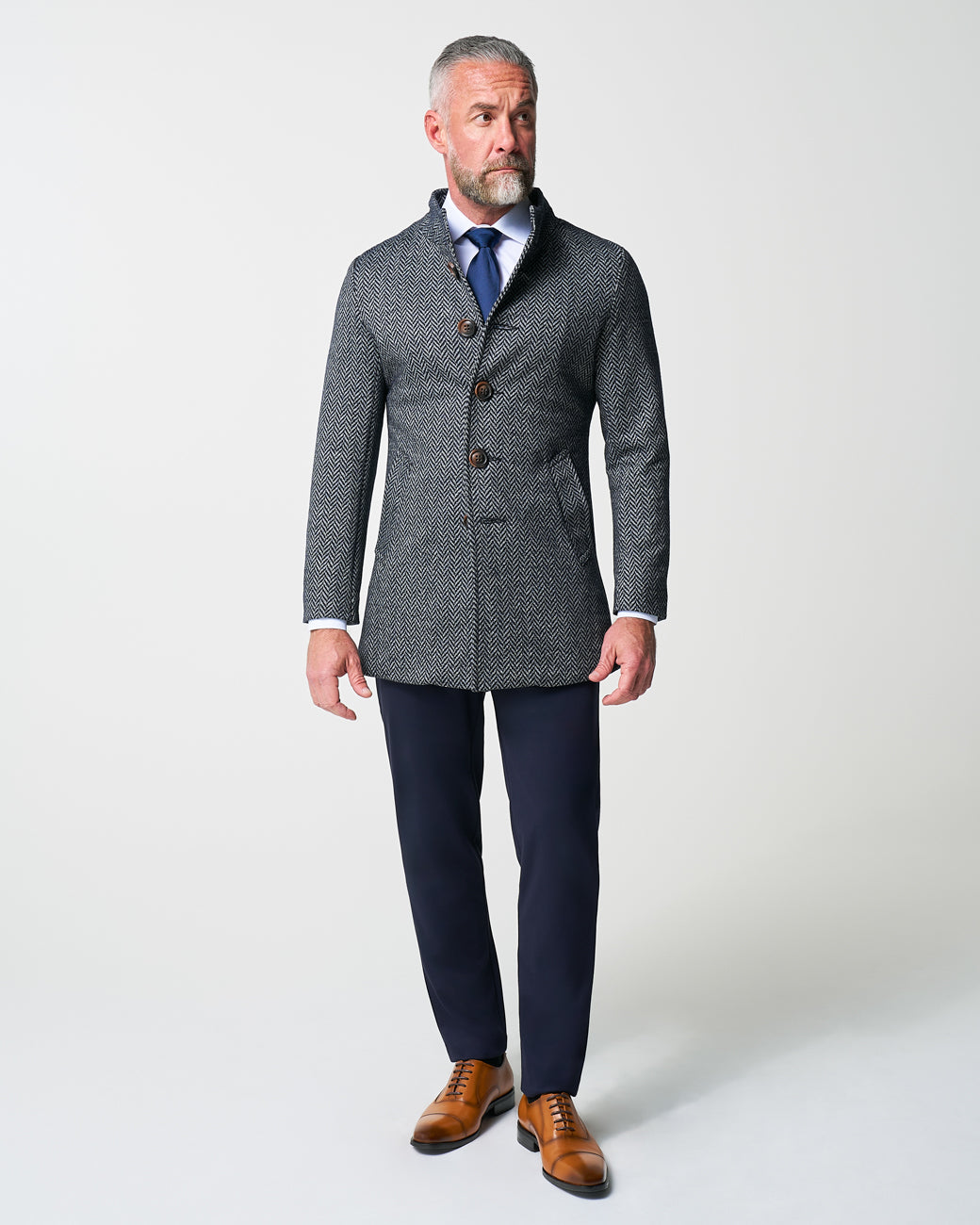 Open Button Overcoat - Navy & Grey Chevron