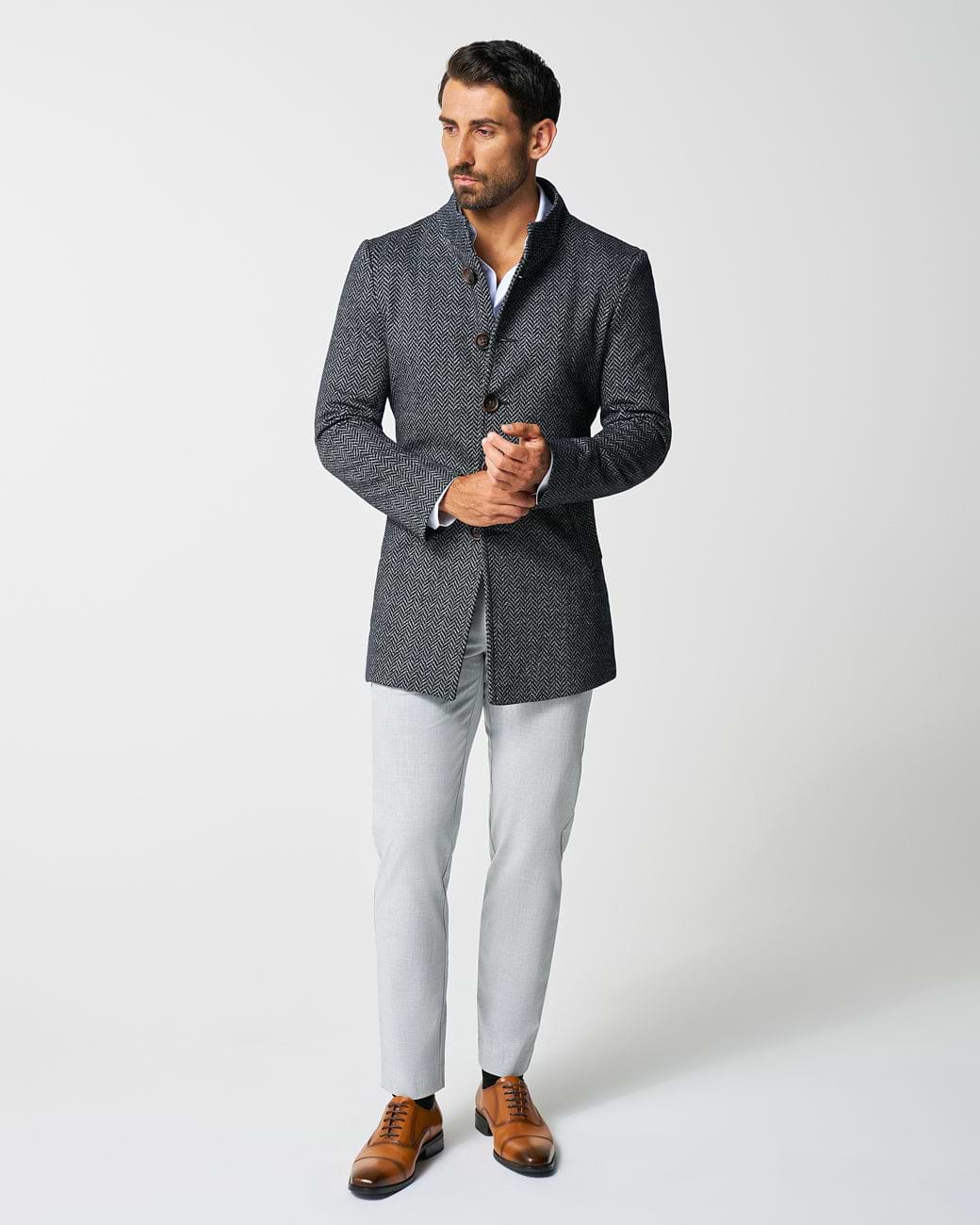 Open Button Overcoat - Navy & Grey Chevron