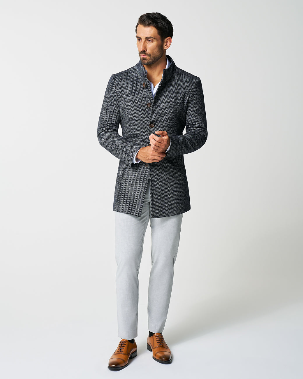 Open Button Overcoat - Navy & Grey Chevron