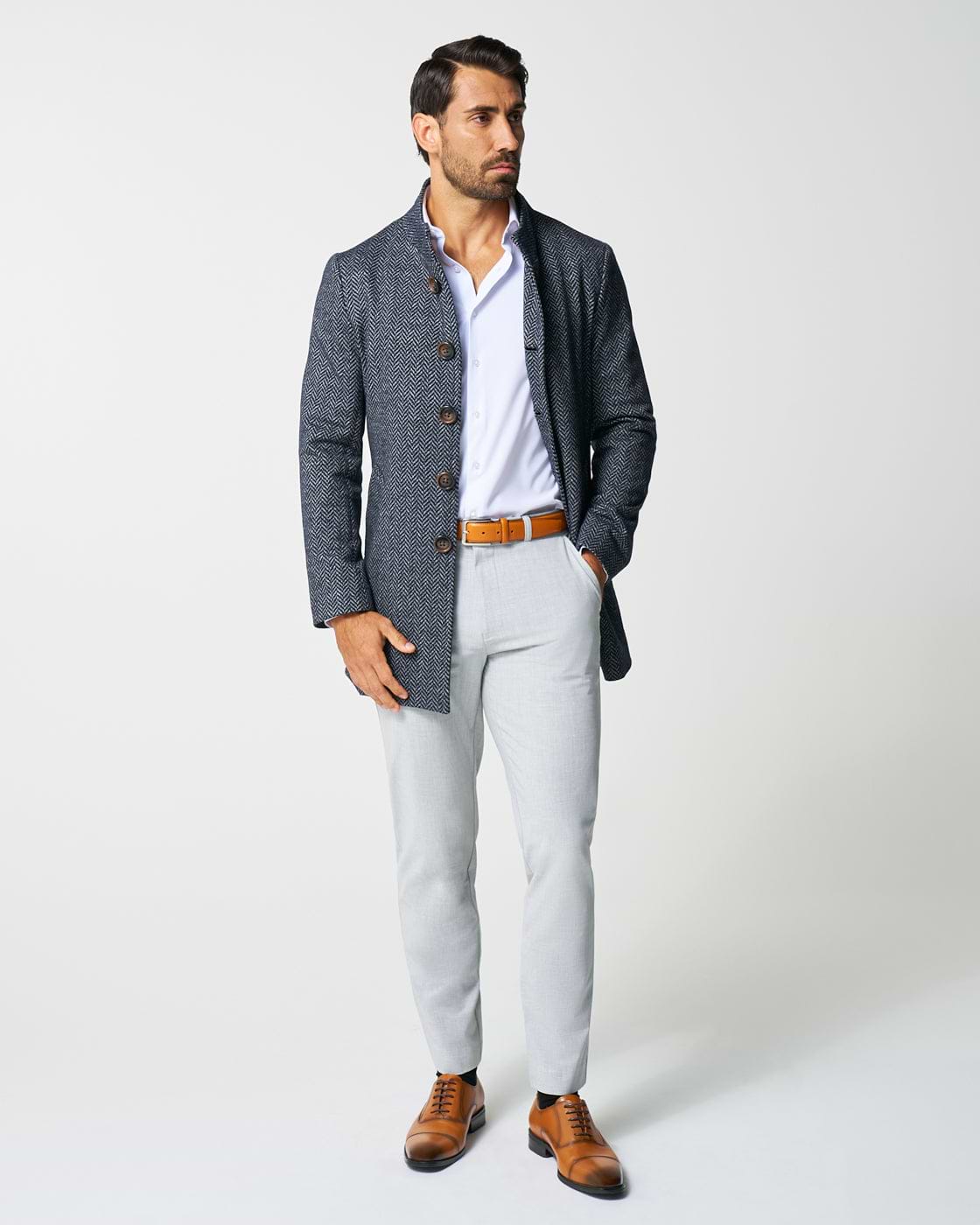 Open Button Overcoat - Navy & Grey Chevron