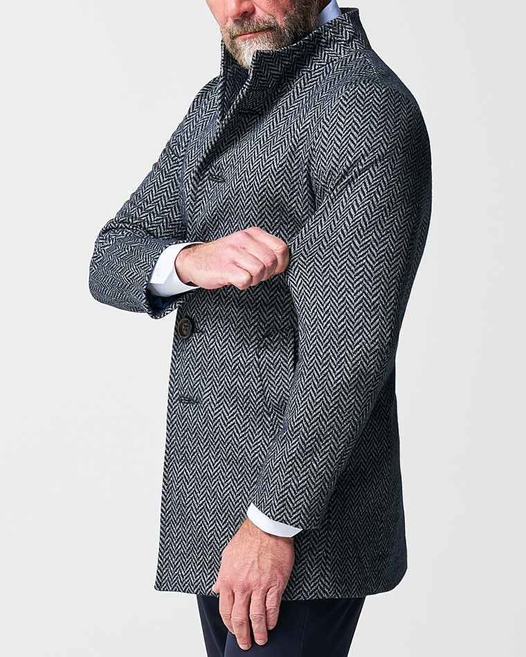 Open Button Overcoat - Navy & Grey Chevron