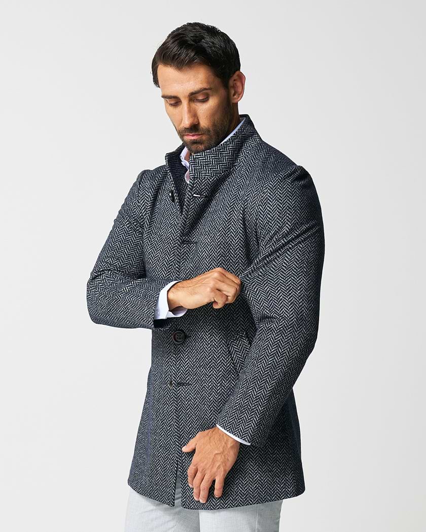 Open Button Overcoat - Navy & Grey Chevron