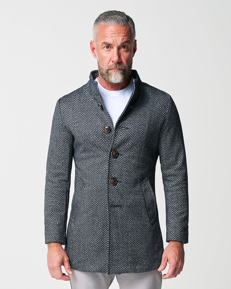 Open Button Overcoat - Navy & Grey Chevron