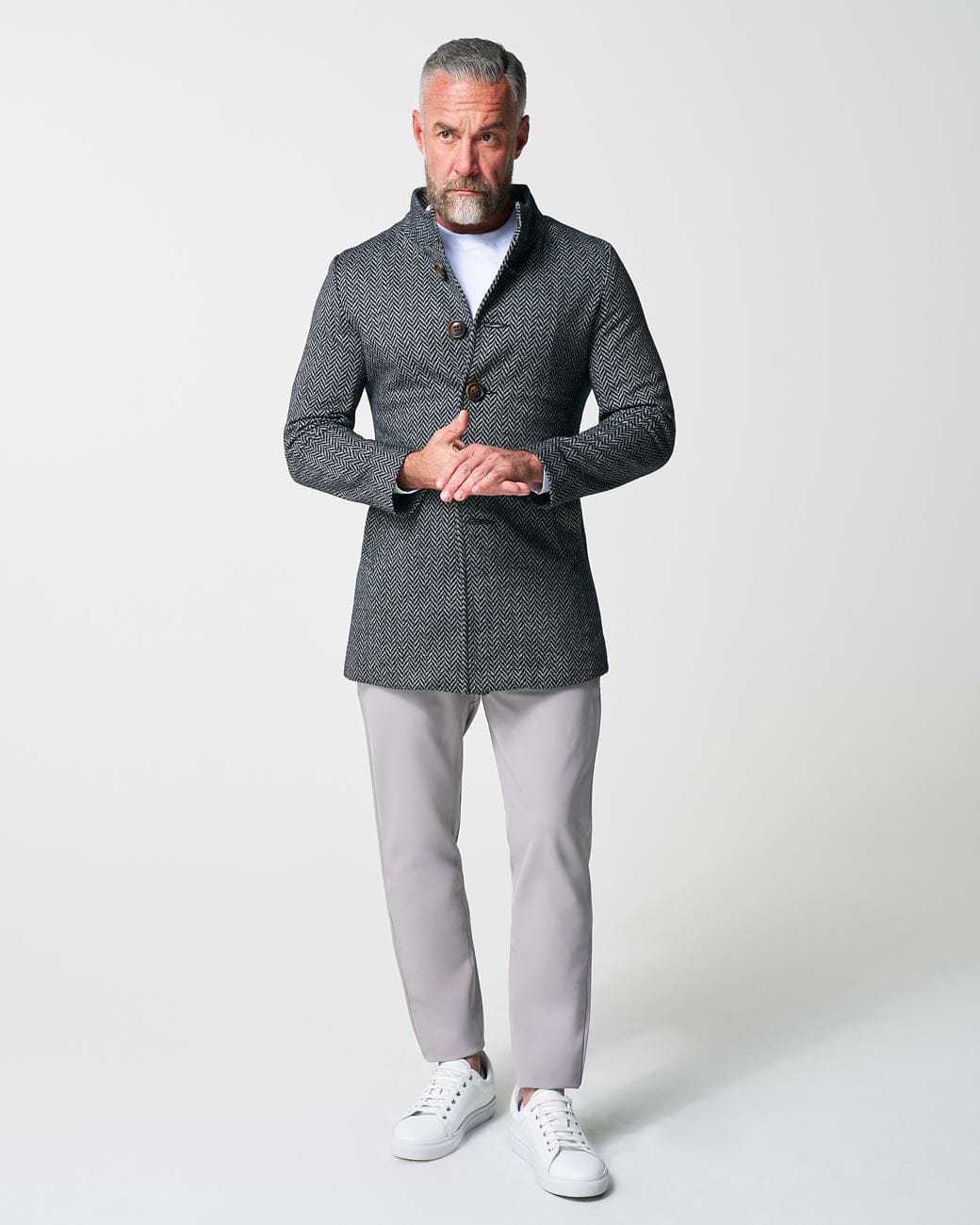 Open Button Overcoat - Navy & Grey Chevron