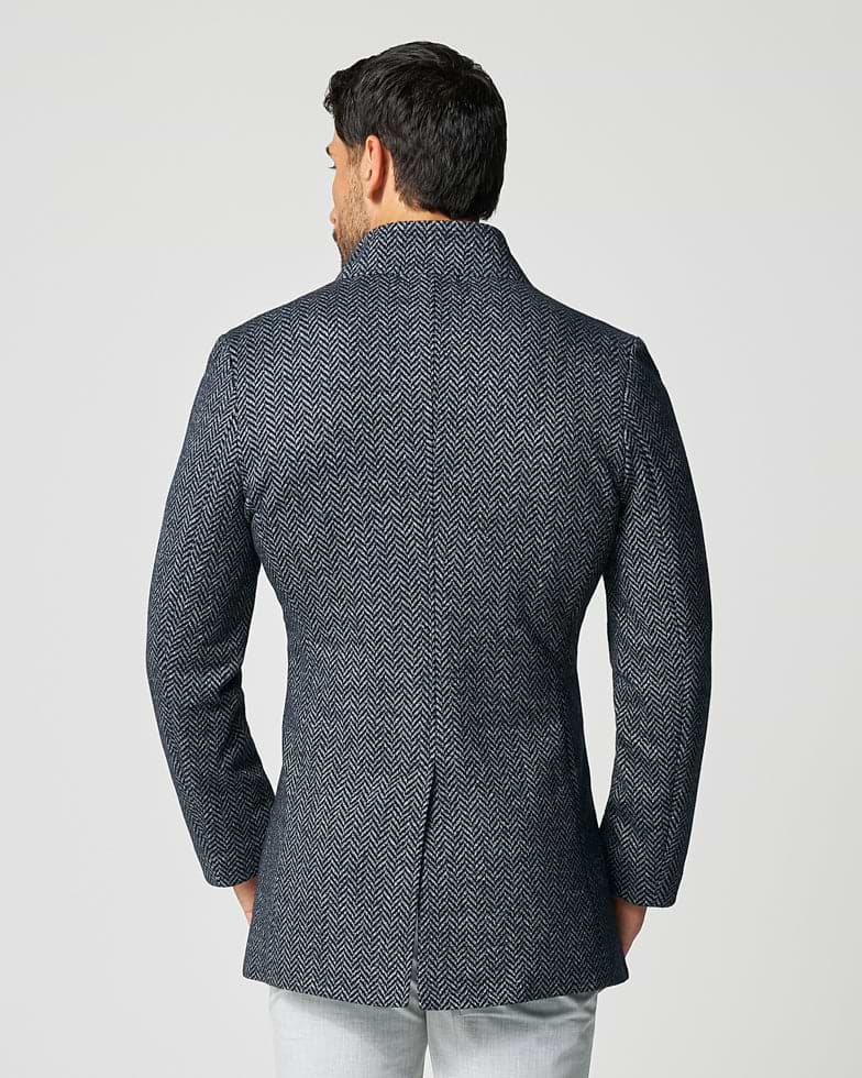 Open Button Overcoat - Navy & Grey Chevron