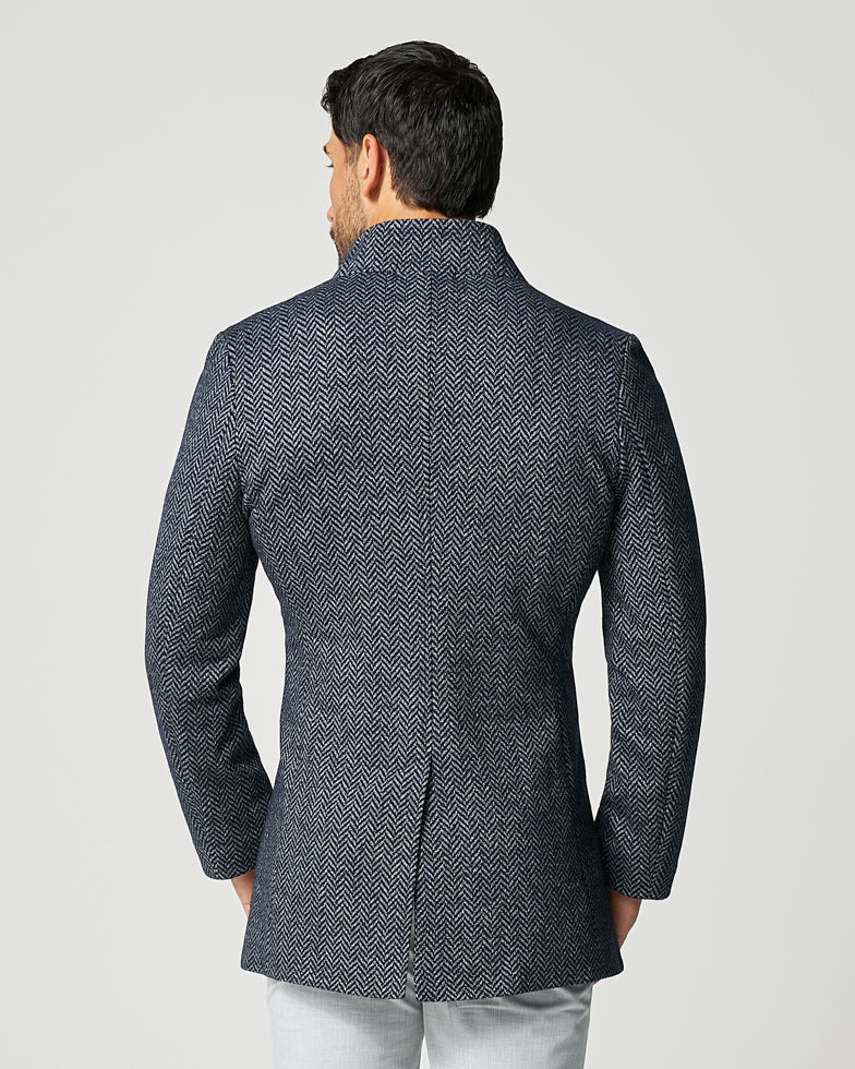 Open Button Overcoat - Navy & Grey Chevron