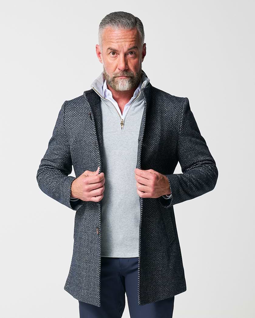 Open Button Overcoat - Navy & Grey Chevron
