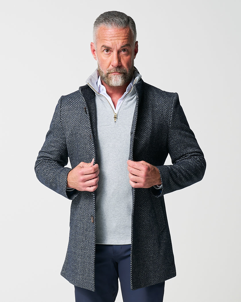 Open Button Overcoat - Navy & Grey Chevron