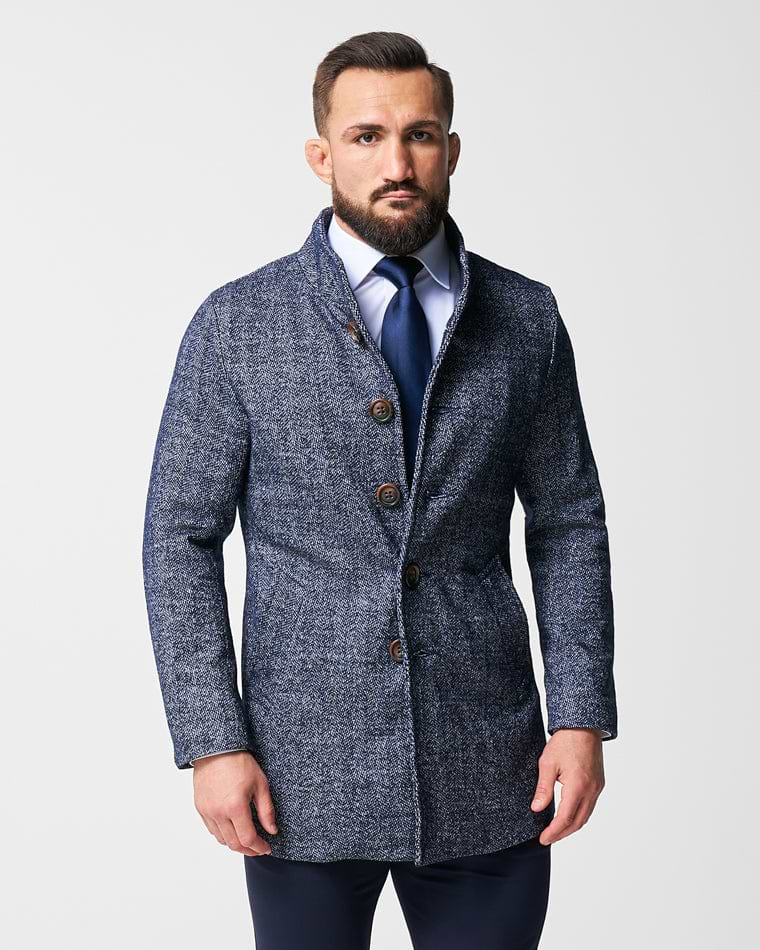 Open Button Overcoat - Navy Herringbone