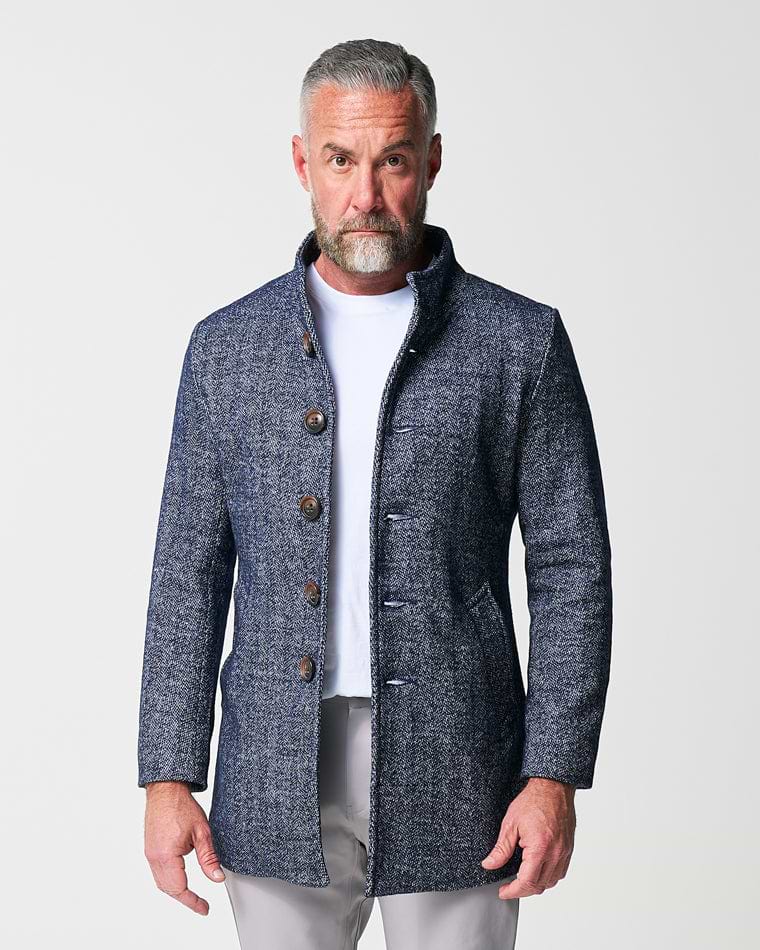 Open Button Overcoat - Navy Herringbone