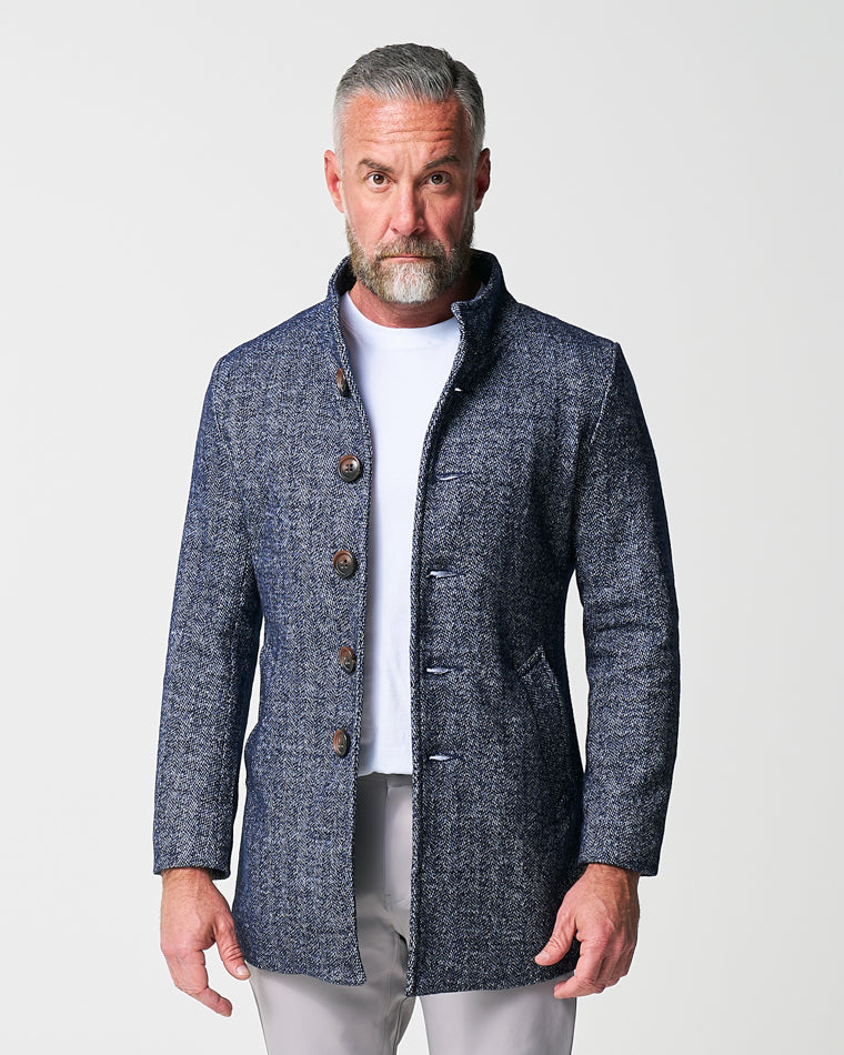 Open Button Overcoat - Navy Herringbone