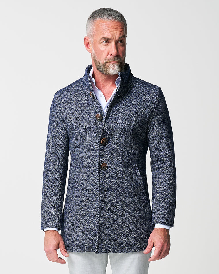 Open Button Overcoat - Navy Herringbone
