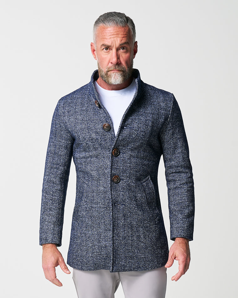 Open Button Overcoat - Navy Herringbone